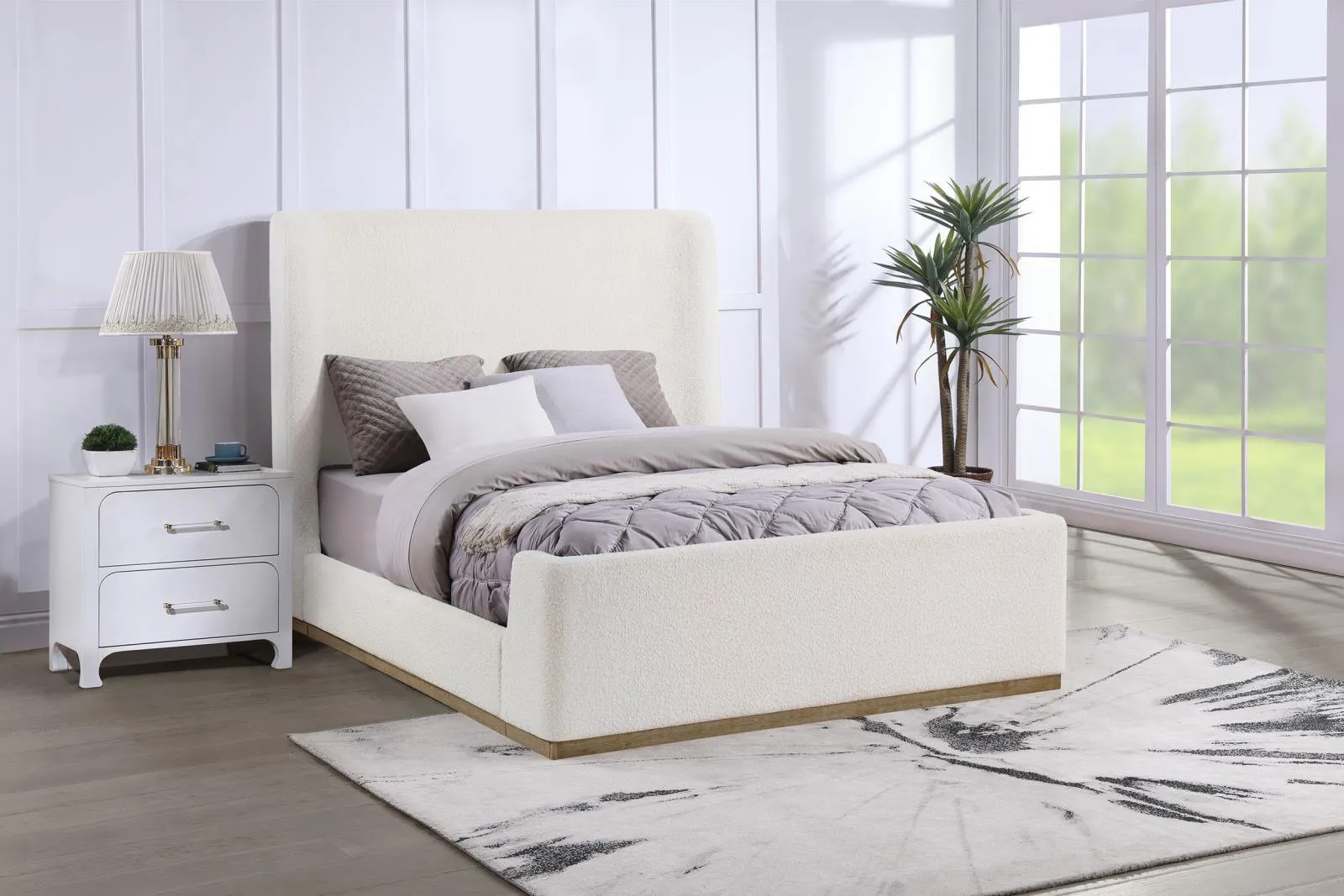 Nala Cream Upholstered Queen Wingback Platform Sleigh Bed