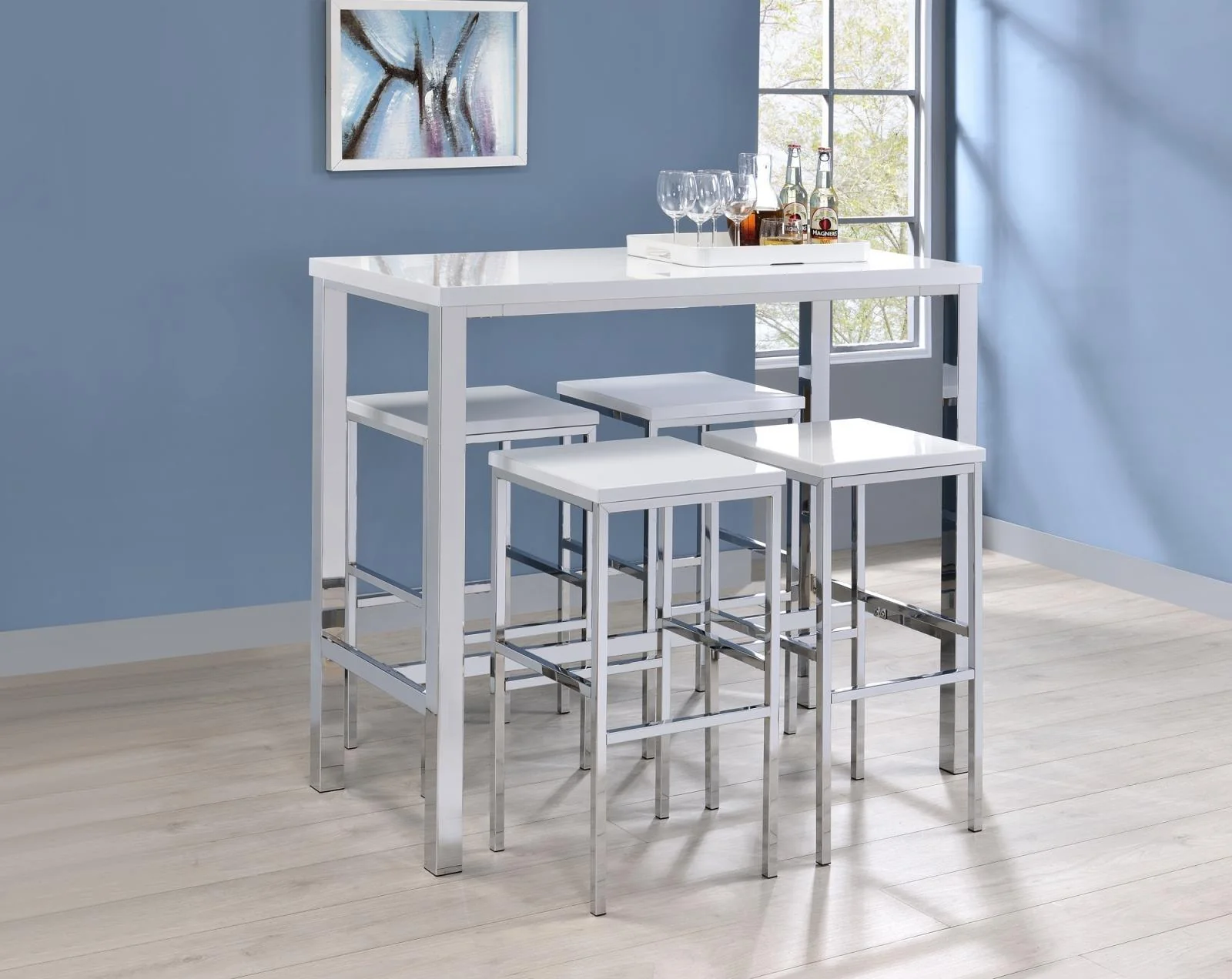 Natividad White High Gloss/Chrome 5-Piece Bar Set