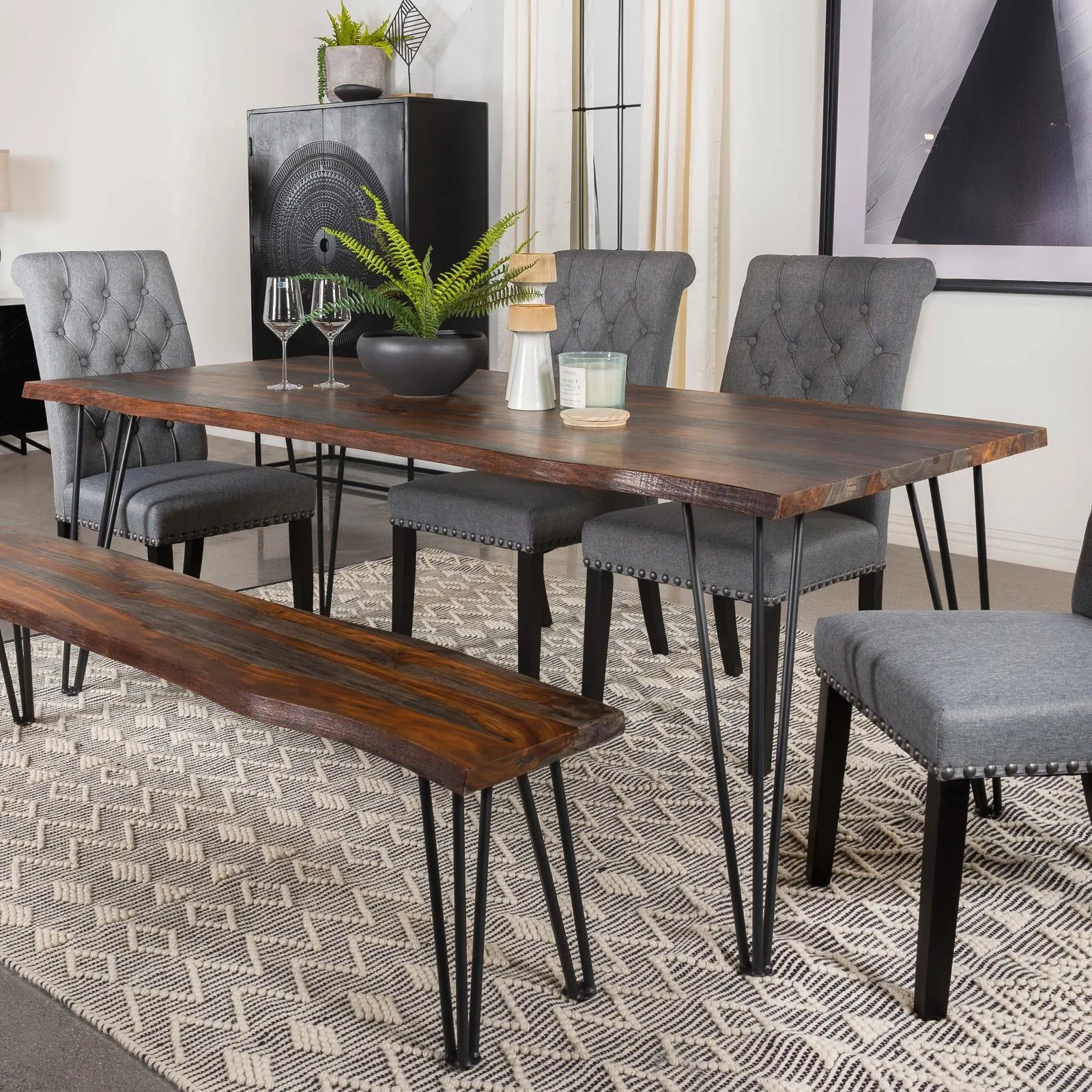Neve Sheesham Gray/Gunmetal Live-edge Dining Table with Hairpin Legs - Image 7