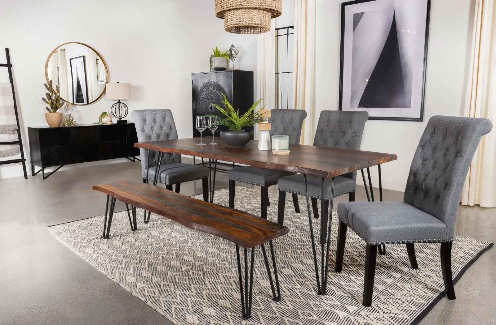 Neve Sheesham Gray/Gunmetal Live-edge Dining Table with Hairpin Legs - Image 8