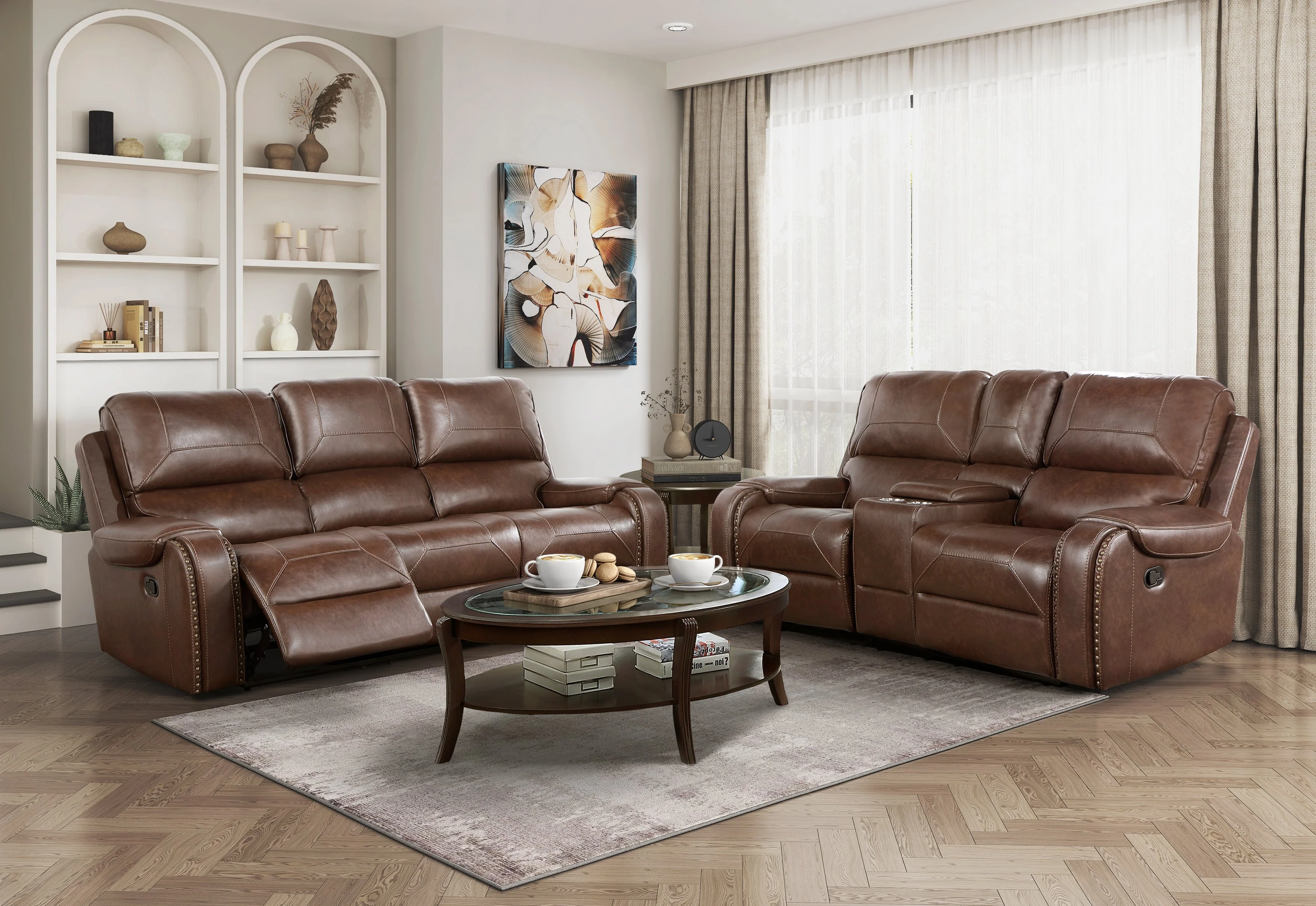 Newnan Brown Double Reclining Sofa with Center Drop-Down - Image 2