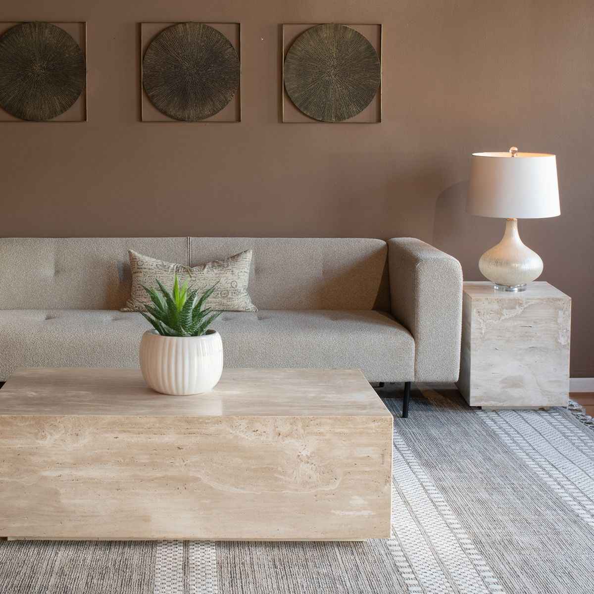 Nile 50" Drum Coffee Table in Travertine Stone - Image 3