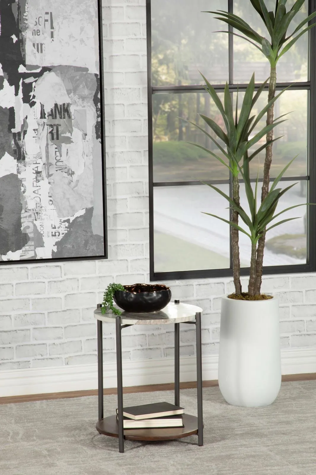 Noemie White and Gunmetal Round Marble Top Accent Side Table
