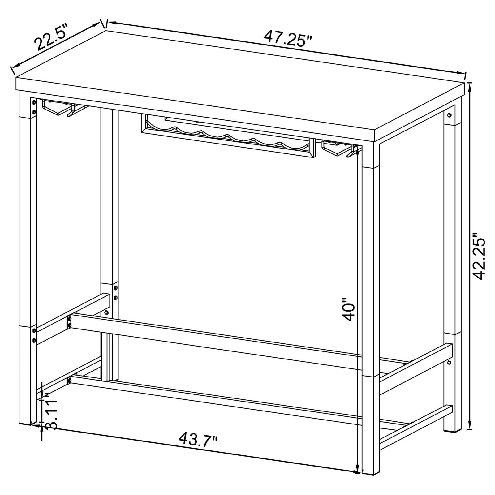 Norcrest White High Gloss Pub Height Bar Table with Acrylic Legs and Wine Storage - Image 11