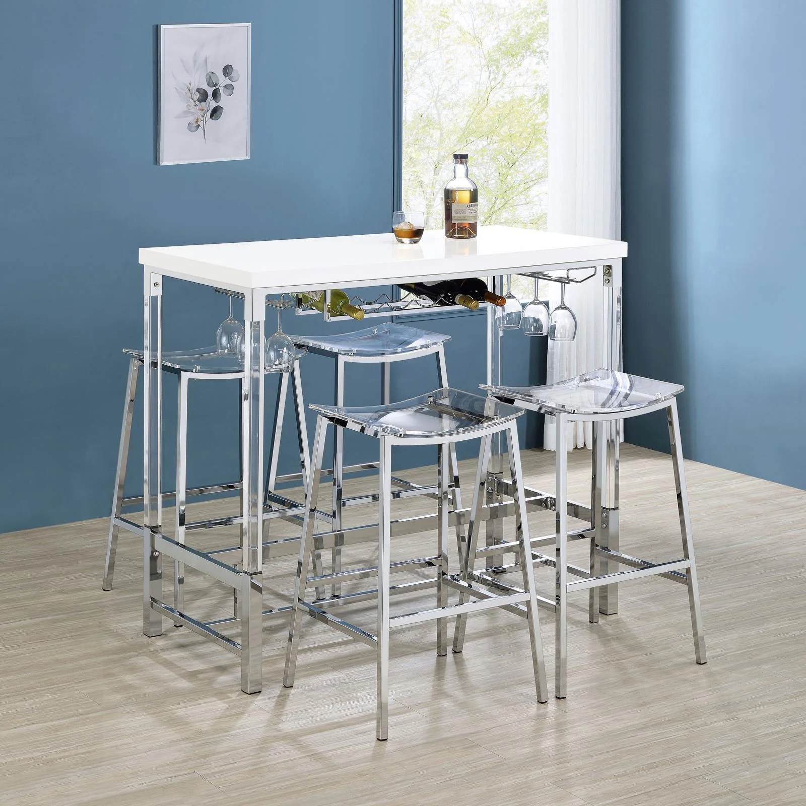 Norcrest White High Gloss Pub Height Bar Table with Acrylic Legs and Wine Storage - Image 12