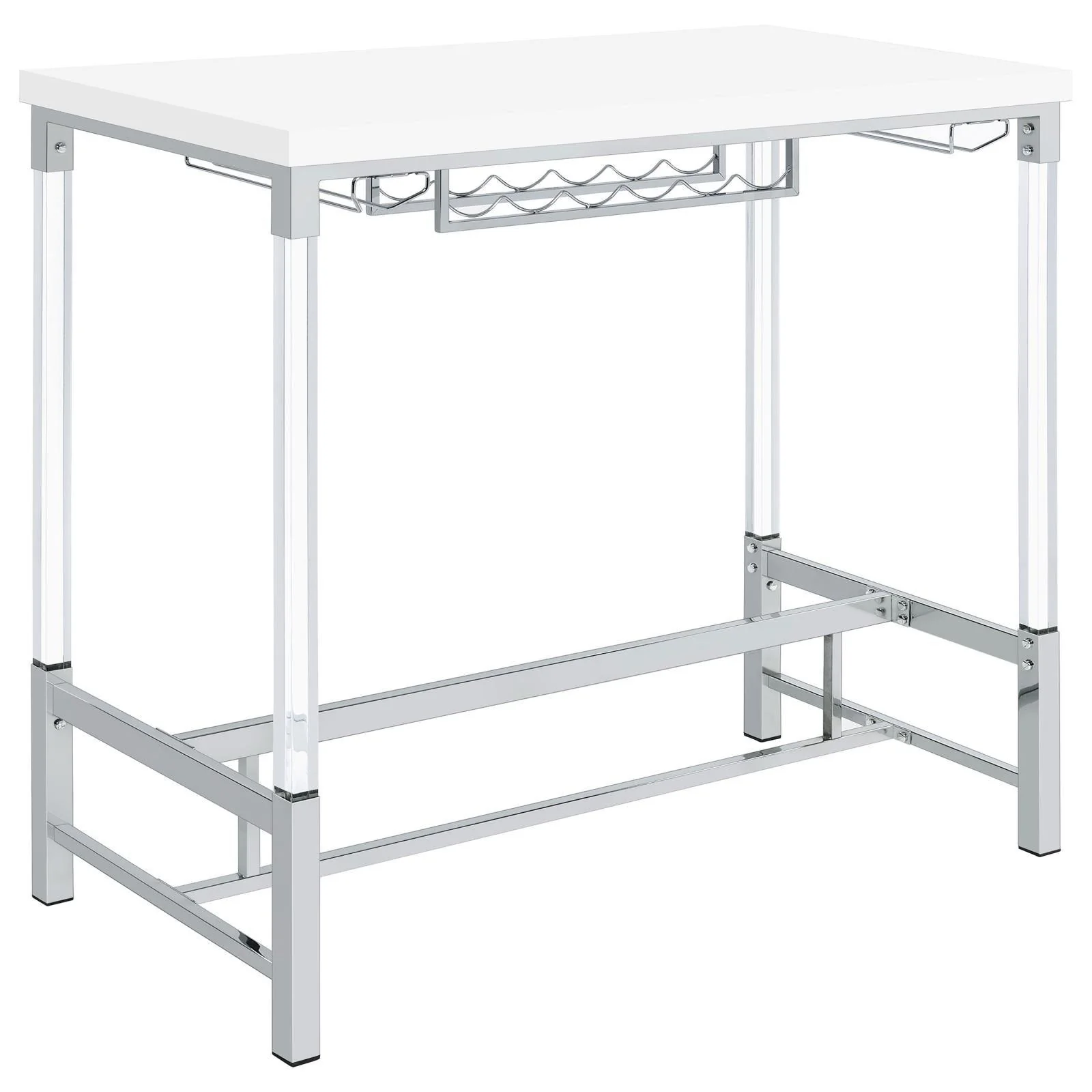 Norcrest White High Gloss Pub Height Bar Table with Acrylic Legs and Wine Storage - Image 13
