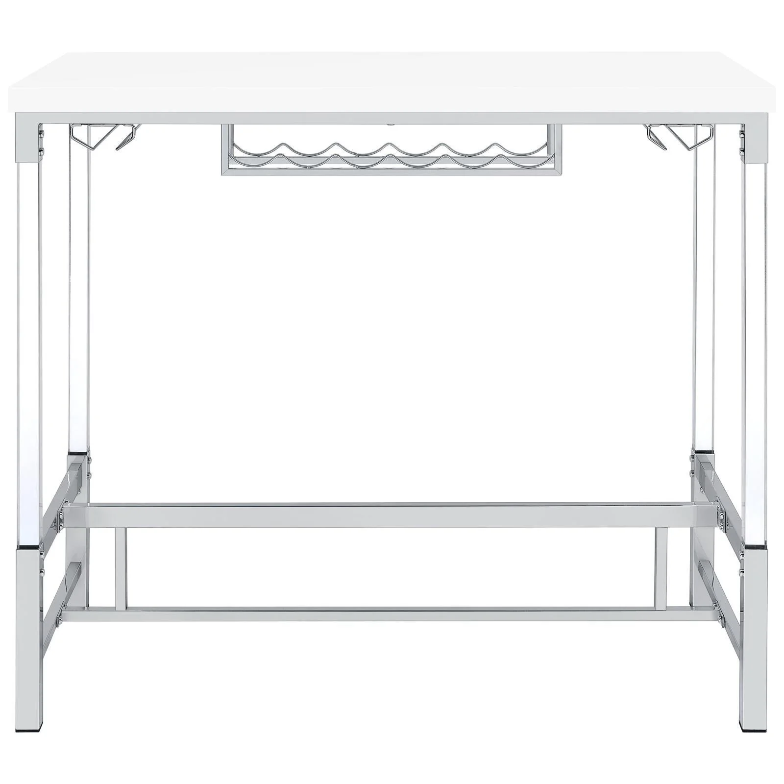 Norcrest White High Gloss Pub Height Bar Table with Acrylic Legs and Wine Storage - Image 2