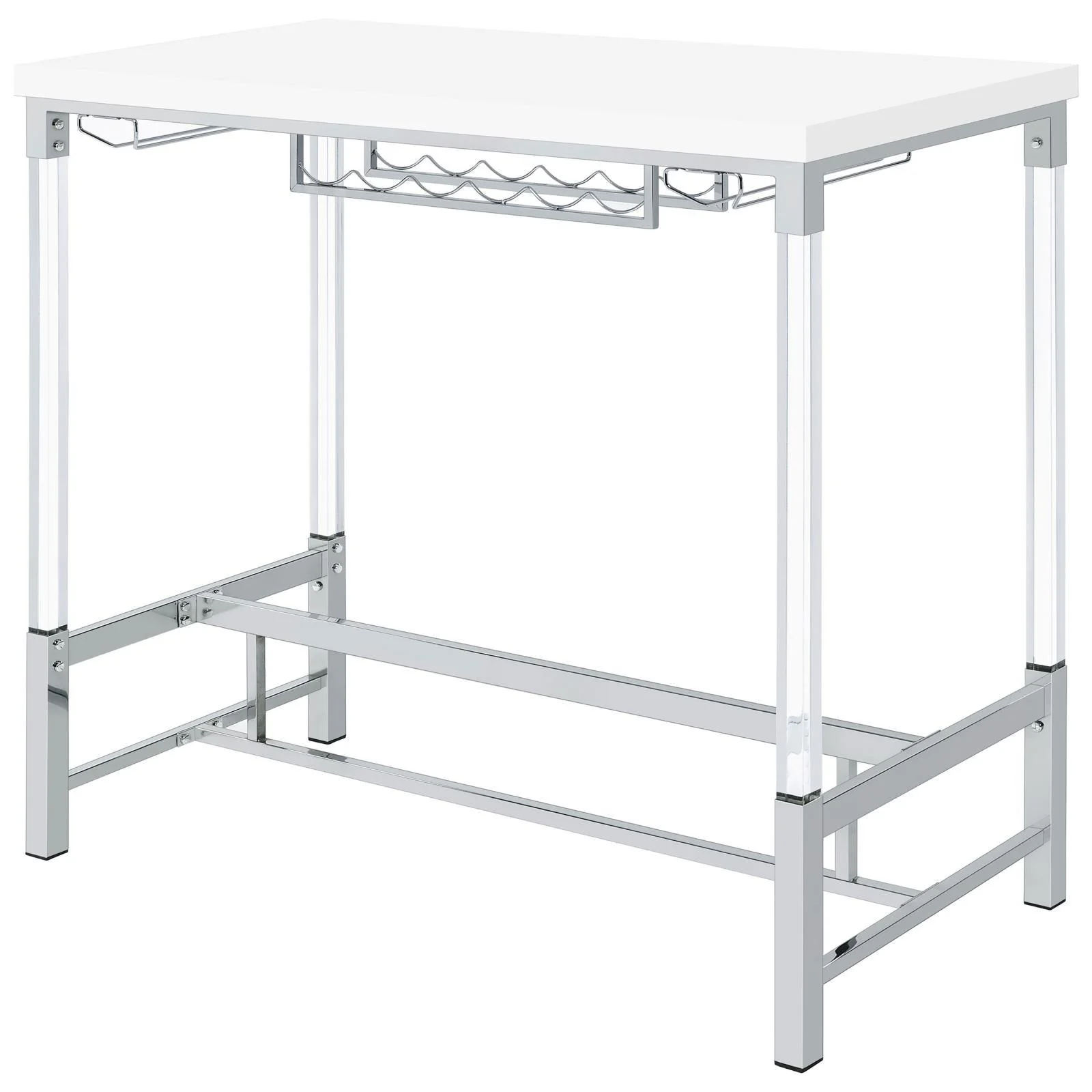 Norcrest White High Gloss Pub Height Bar Table with Acrylic Legs and Wine Storage - Image 3