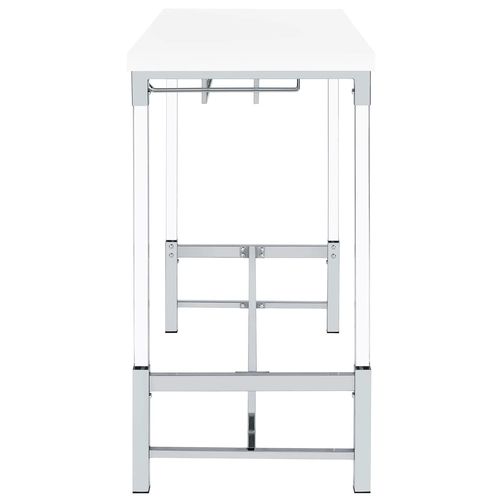 Norcrest White High Gloss Pub Height Bar Table with Acrylic Legs and Wine Storage - Image 4