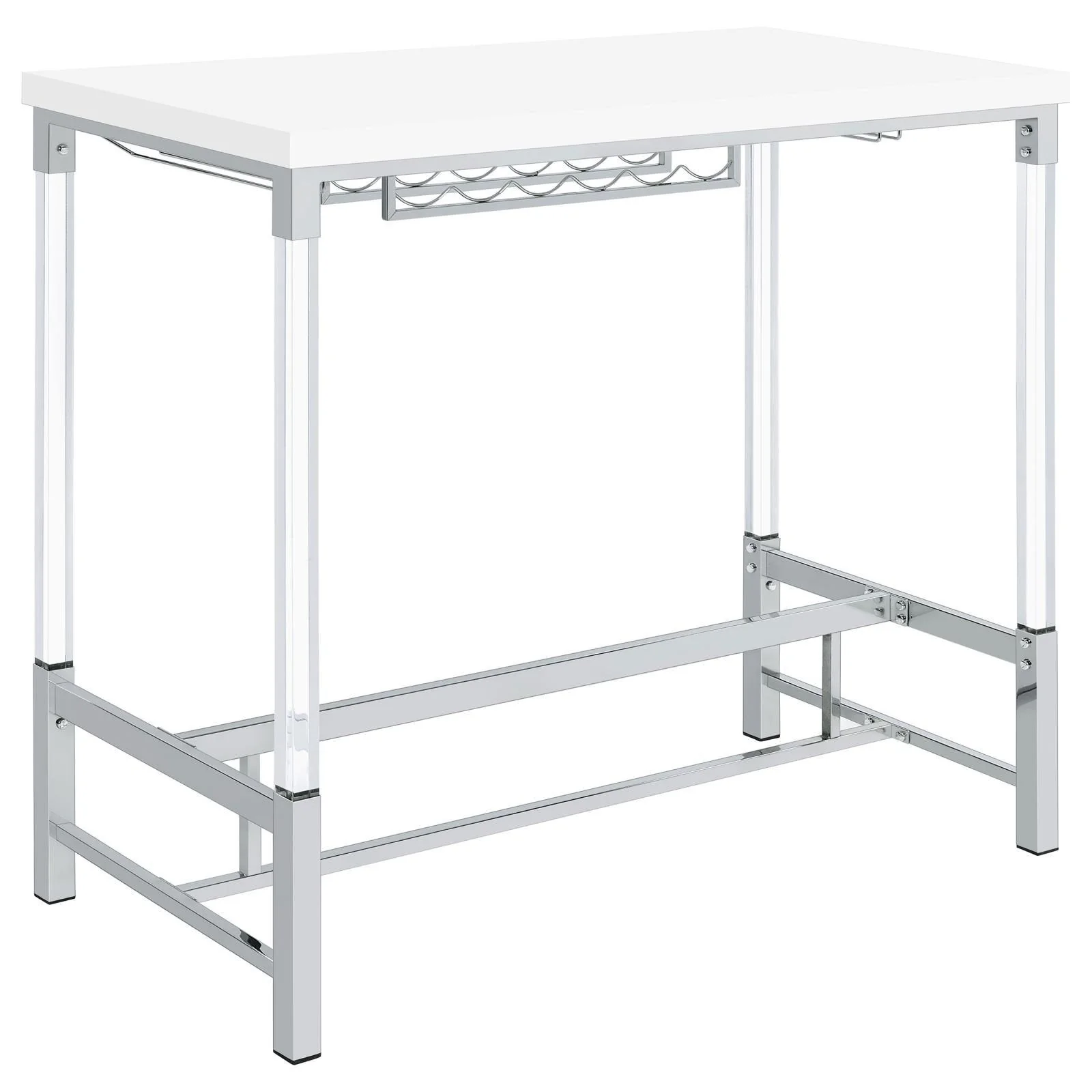 Norcrest White High Gloss Pub Height Bar Table with Acrylic Legs and Wine Storage - Image 5