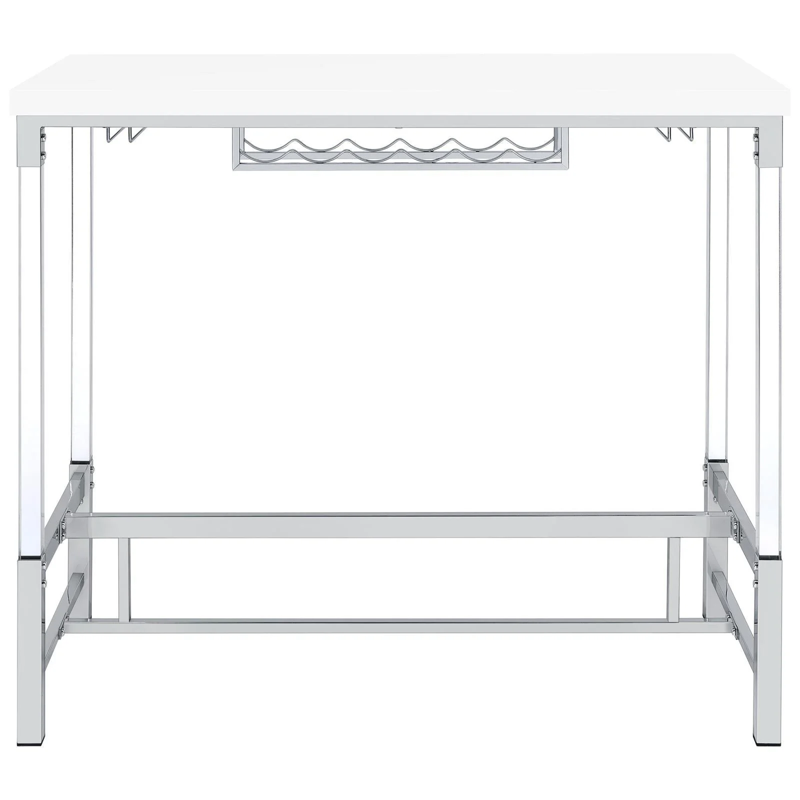 Norcrest White High Gloss Pub Height Bar Table with Acrylic Legs and Wine Storage - Image 6