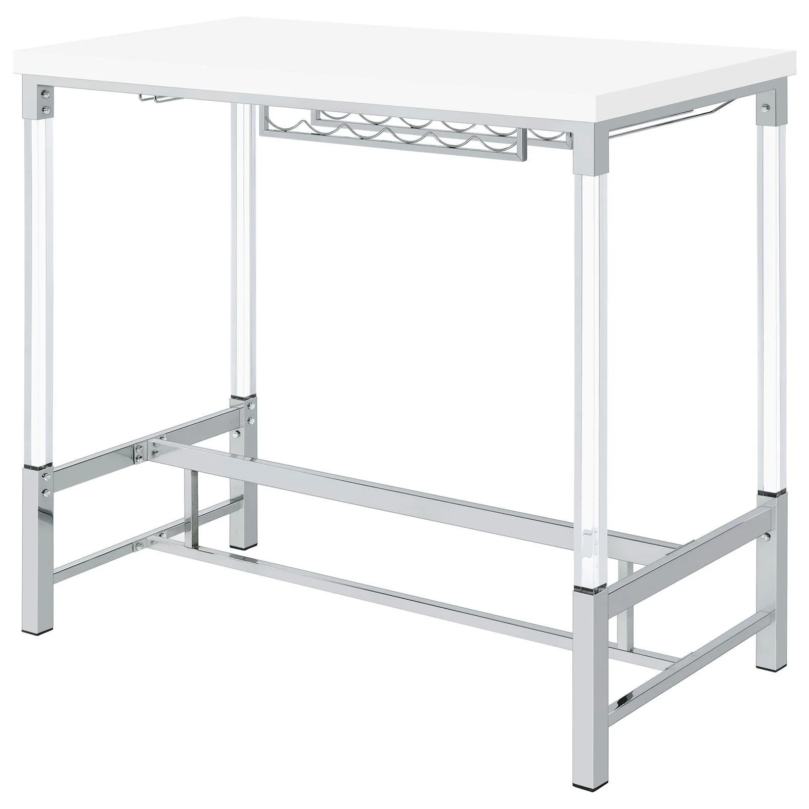 Norcrest White High Gloss Pub Height Bar Table with Acrylic Legs and Wine Storage - Image 7