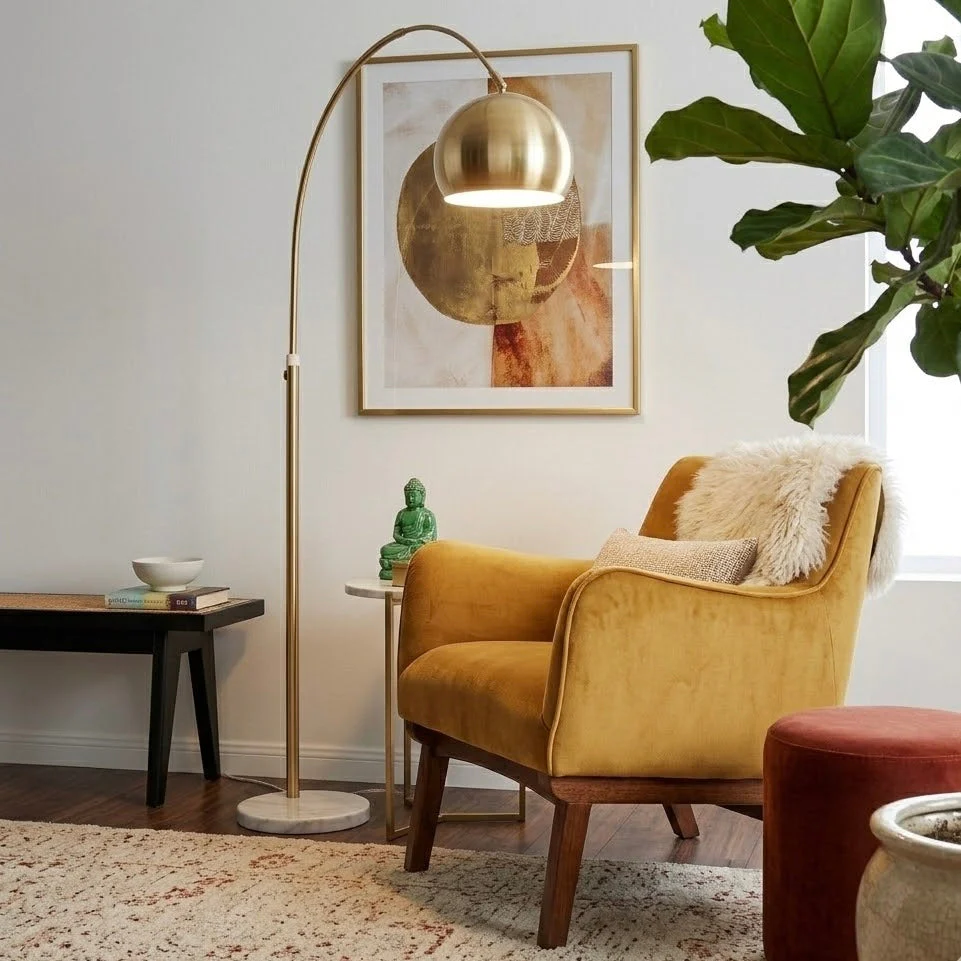 Oasis Long Arm Gold Brass Adjustable Floor Lamp with Round White Marble Base - Image 3