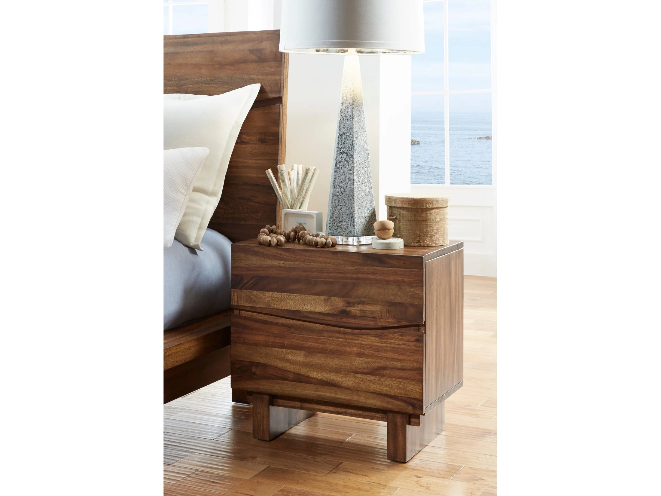 Ocean Two Drawer Solid Wood Nightstand in Natural Sengon