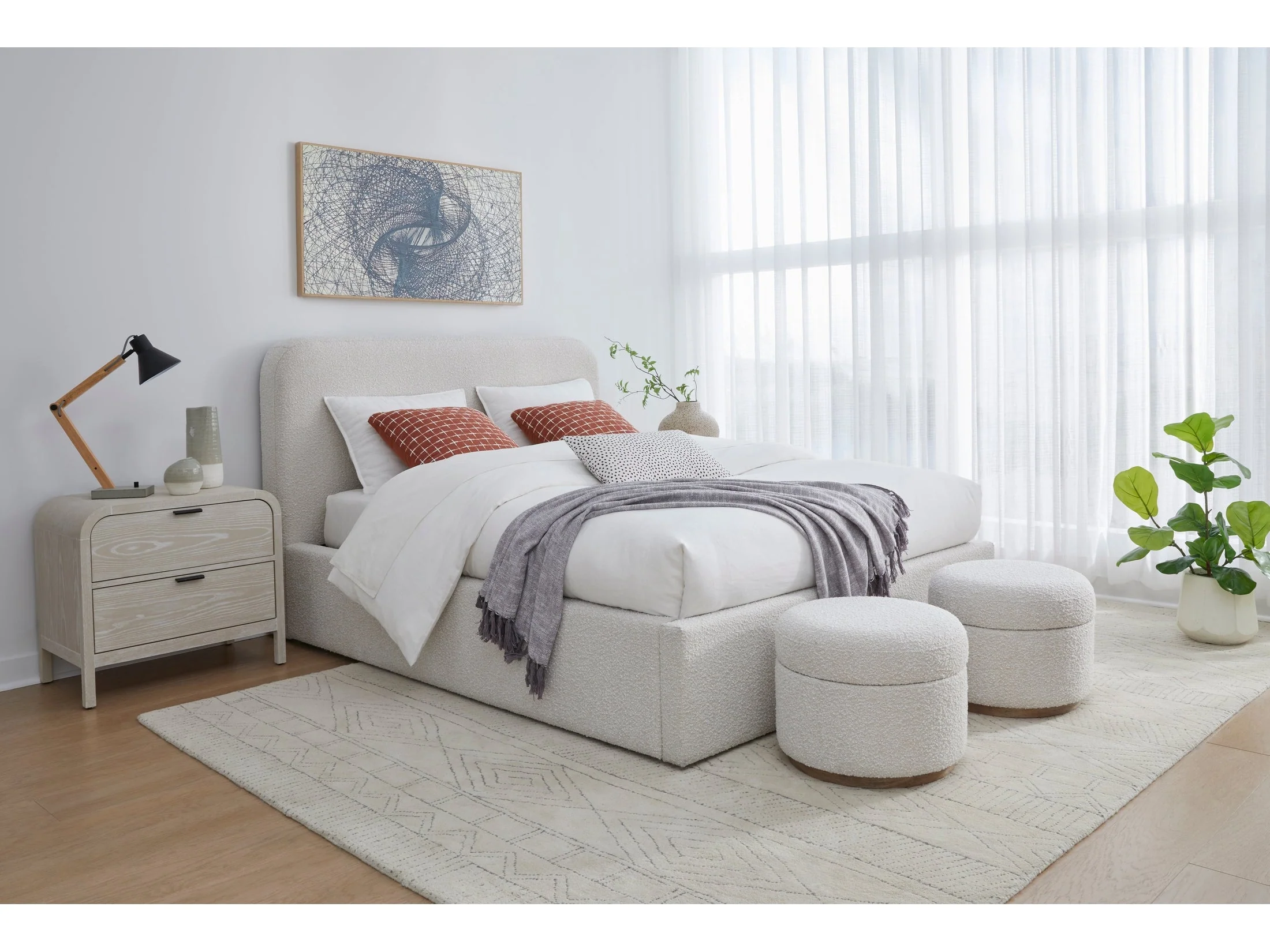 Off-White Upholstered California King Platform Bed in Ricotta Boucle