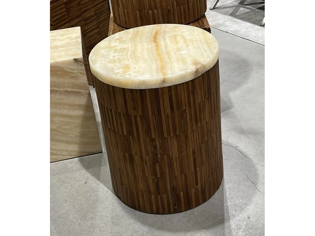One Stone Wood Tile Round End Table in Onyx and Solid Teak