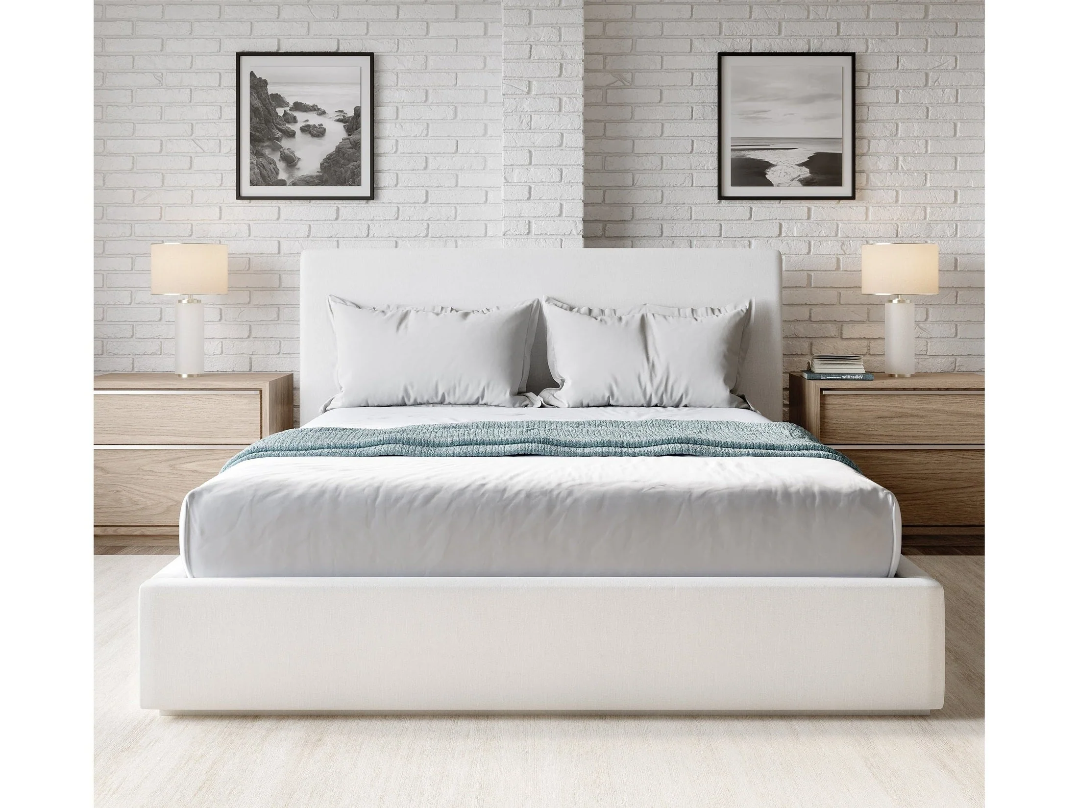 One Upholstered Queen Platform Bed in Pearl