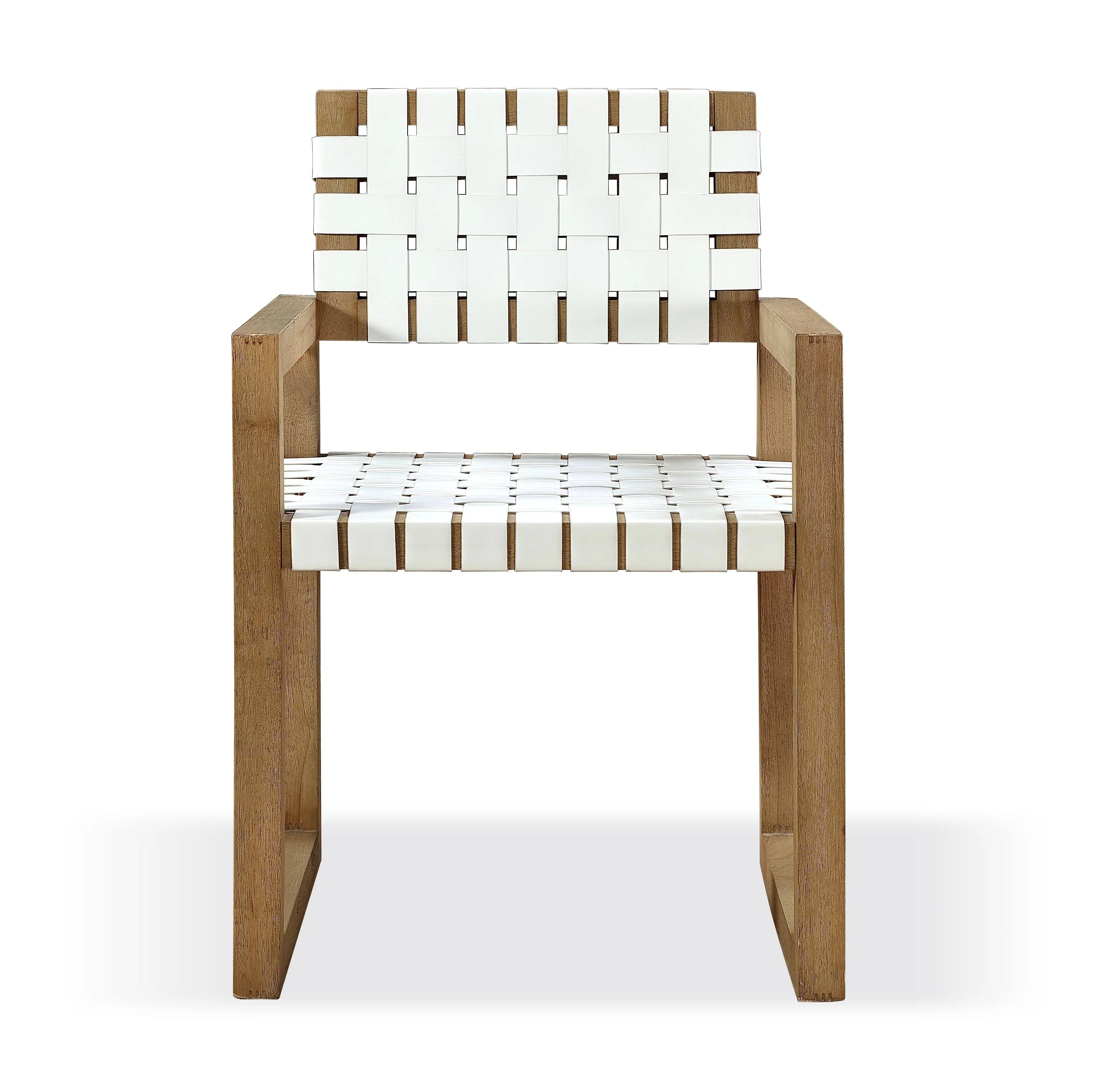 One Woven Leather and Solid Wood Dining Arm Chair in White and Bisque - Image 4