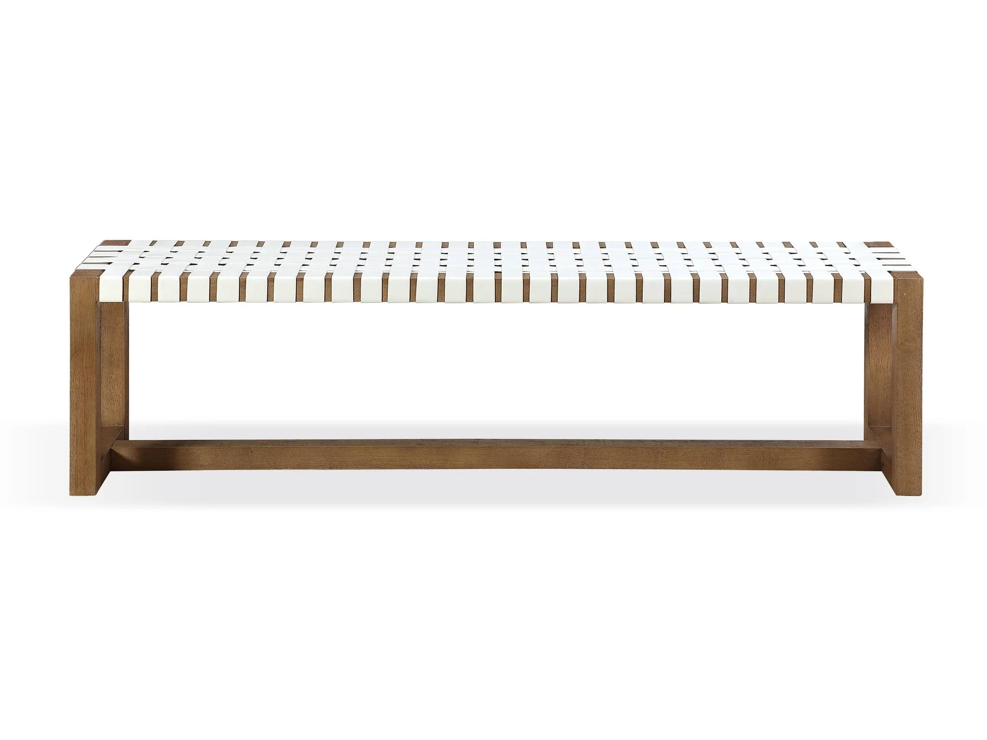 One Woven Leather and Solid Wood Dining Bench in White and Bisque