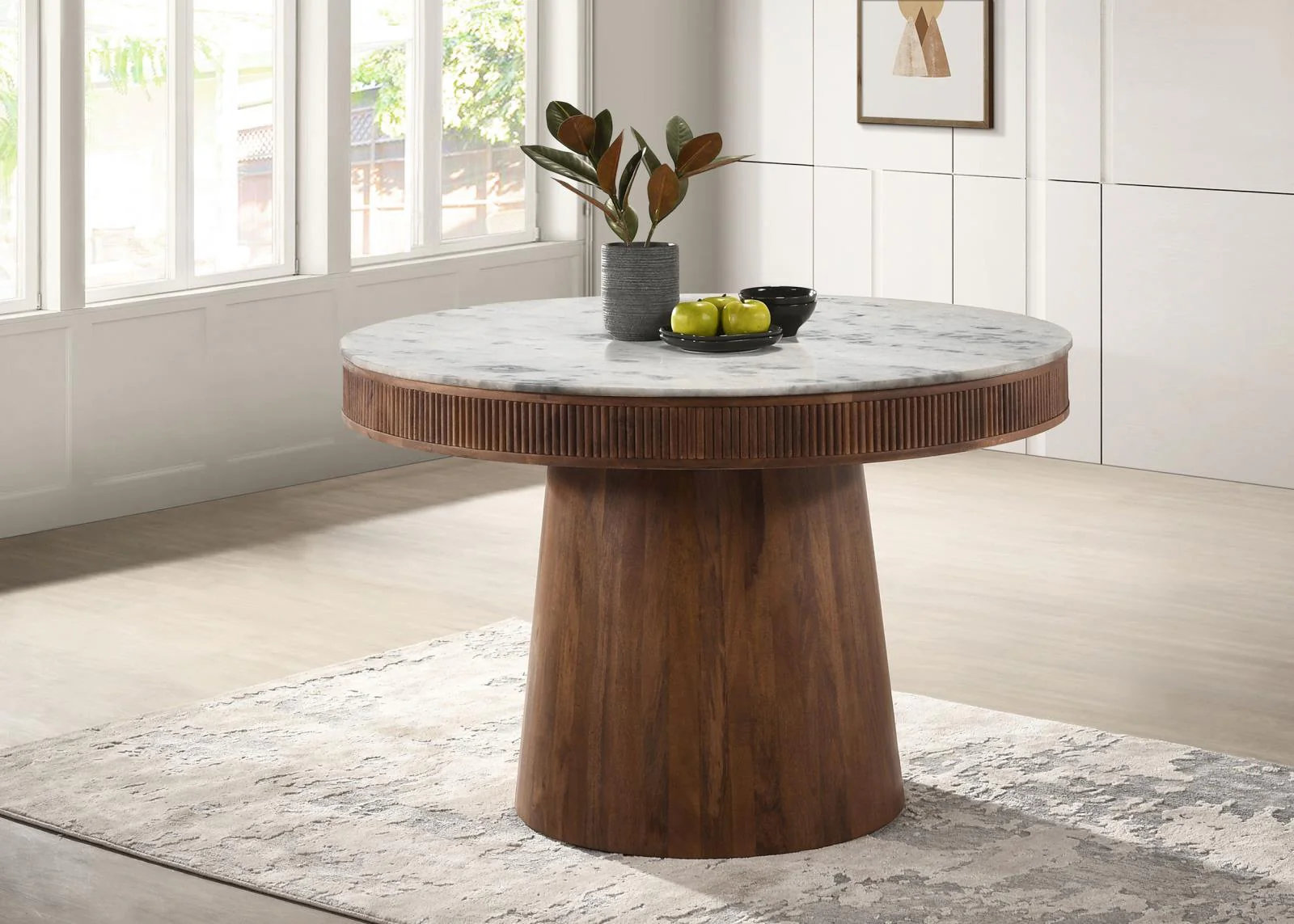 Ortega White and Natural Round Marble Top Solid Base Dining Table