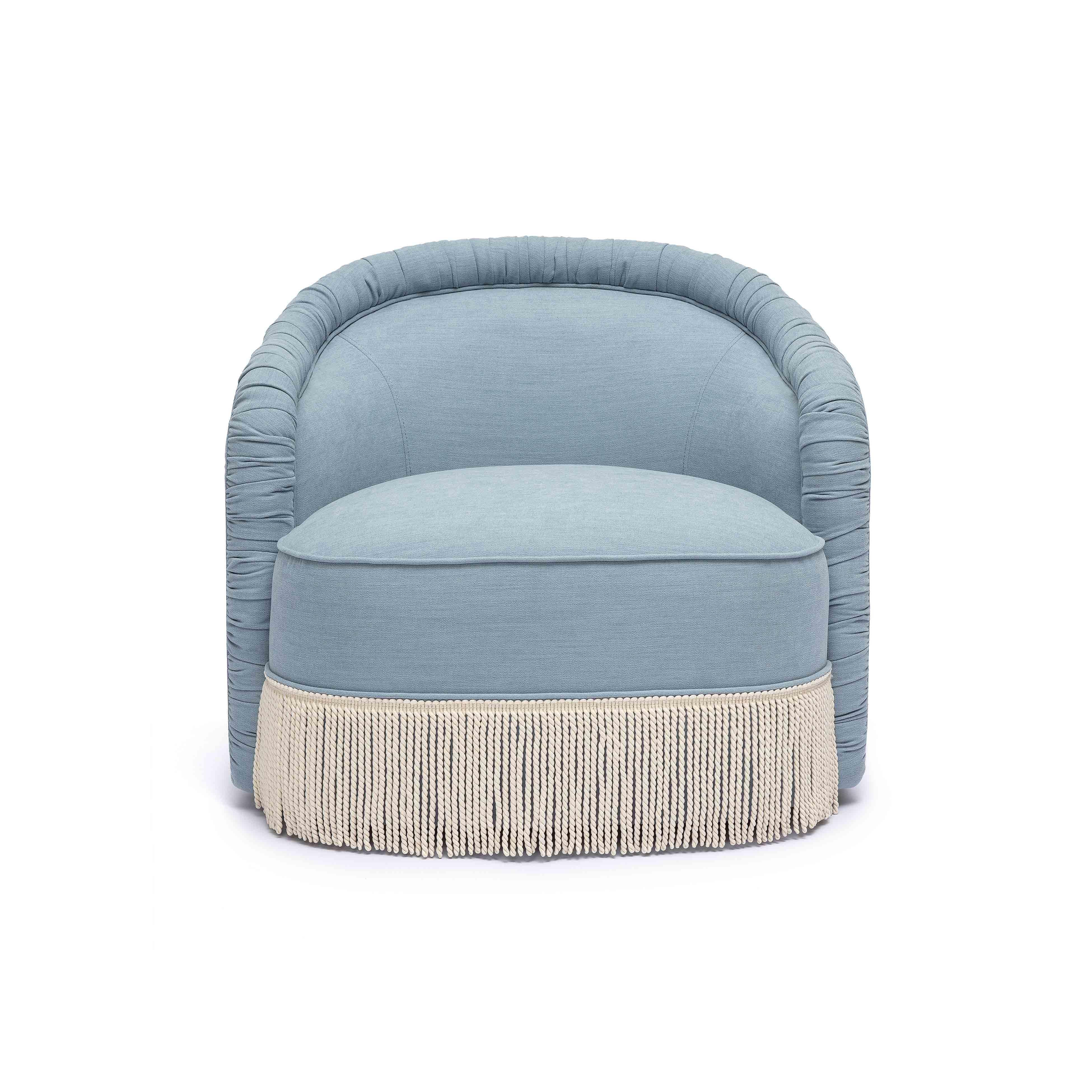 Pamela Faded Blue Upcycled Fabric Tassel Lounge Chair - Image 3
