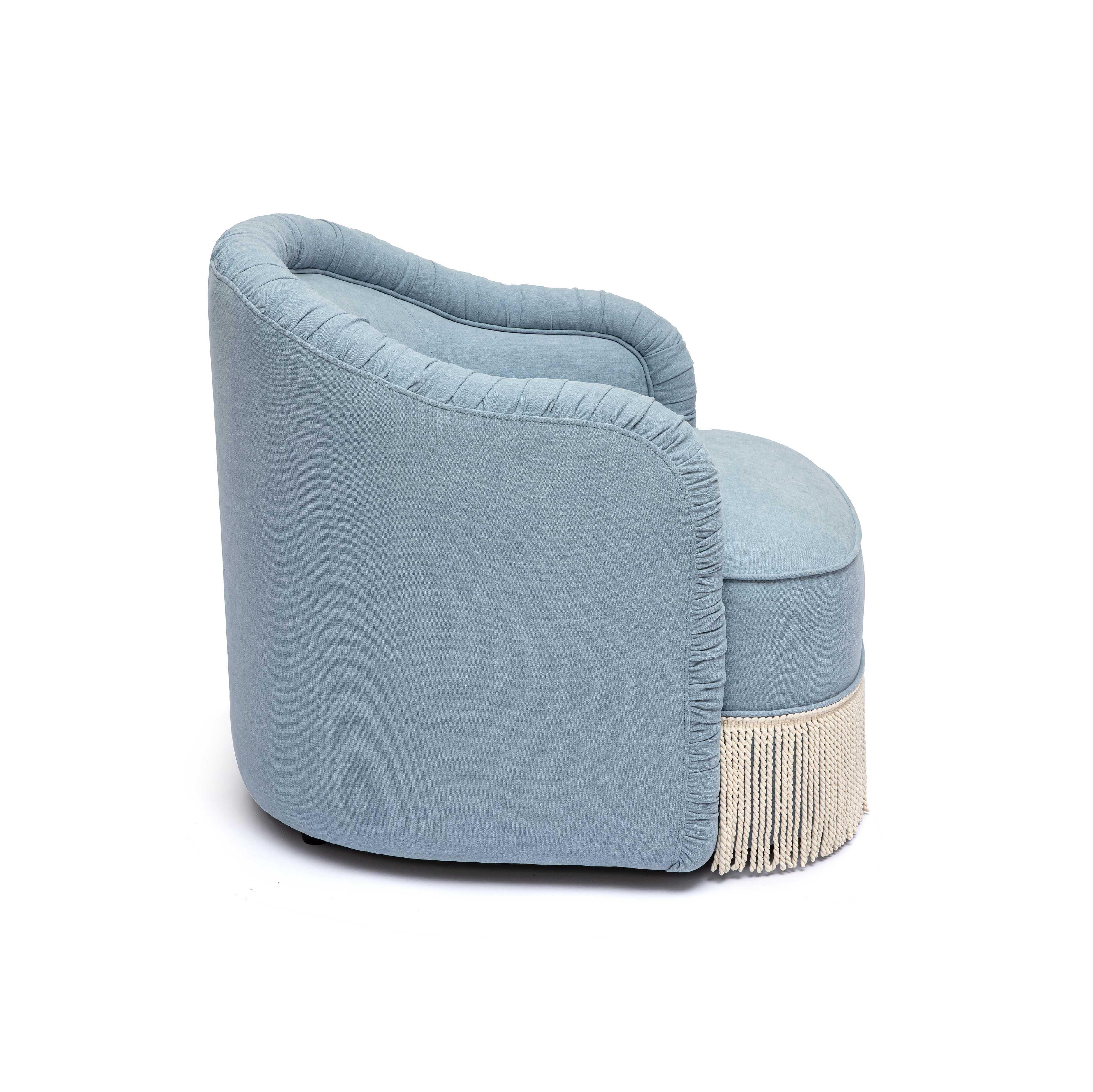 Pamela Faded Blue Upcycled Fabric Tassel Lounge Chair - Image 5