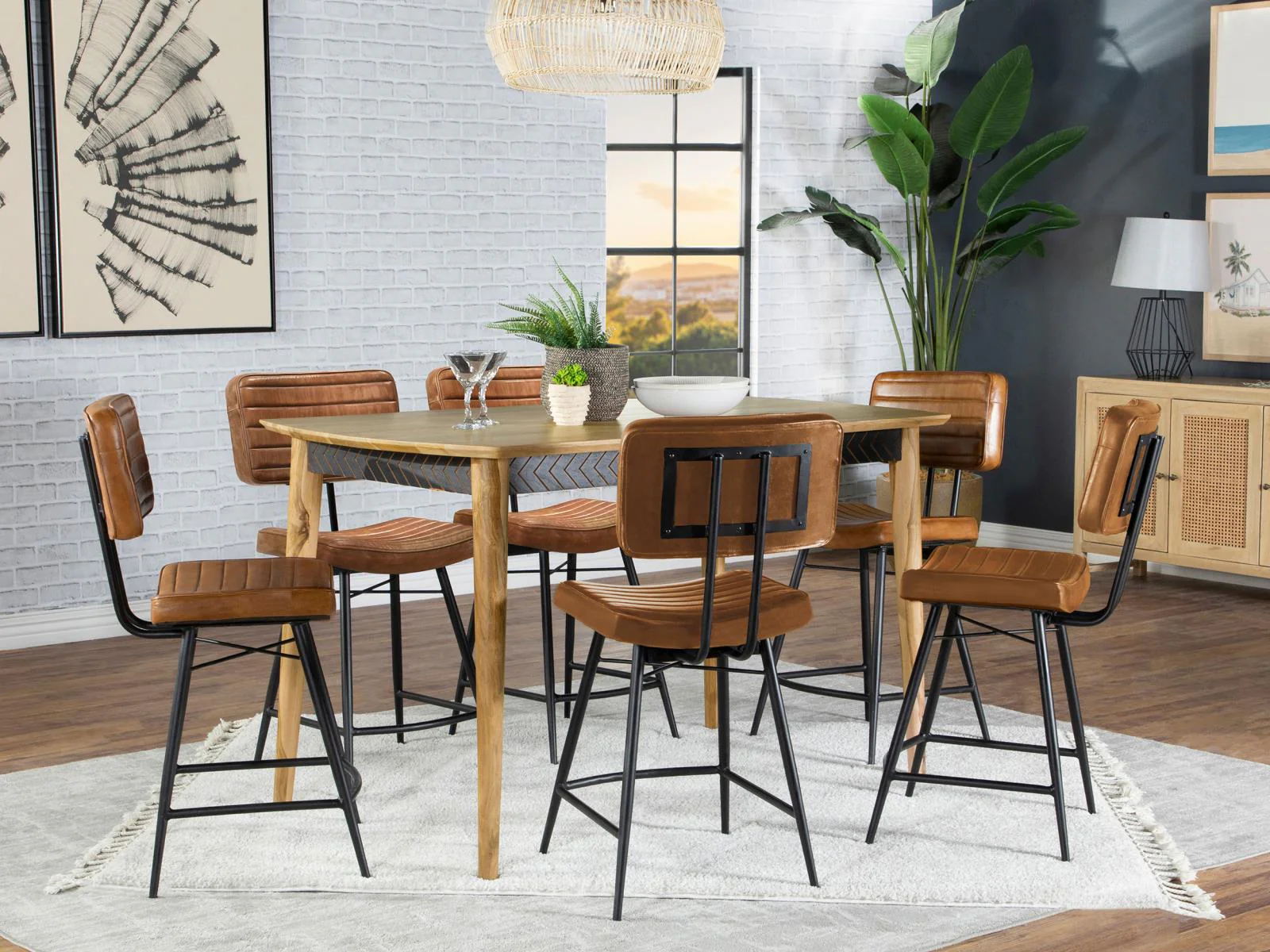 Partridge Natural Sheesham and Camel Rectangular Counter Height Dining Set