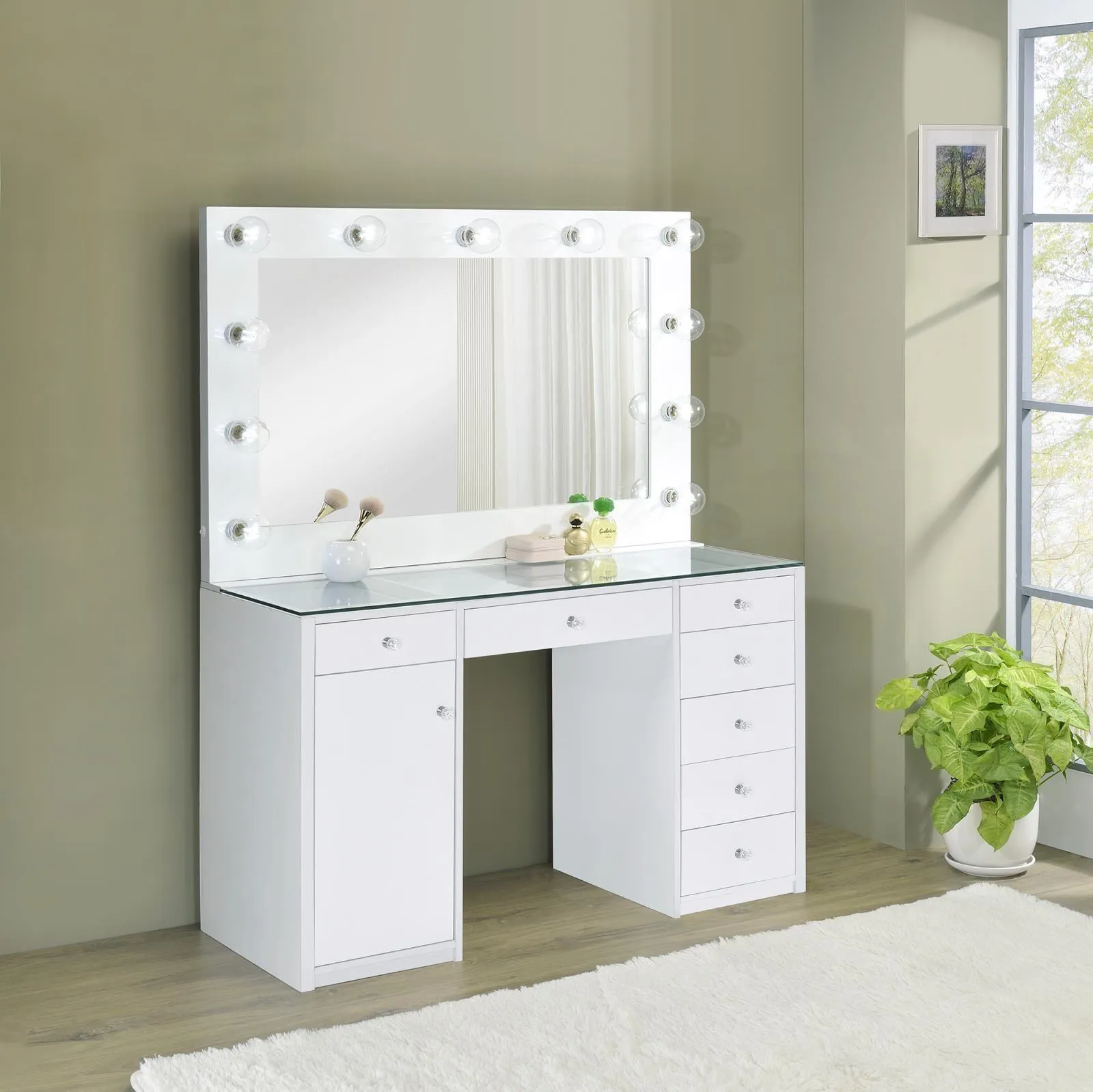 Percy White 7-Drawer Glass Top Vanity Desk with Lighting