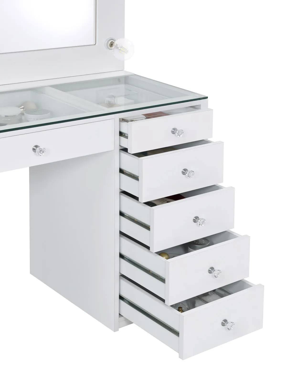 Percy White 7-Drawer Glass Top Vanity Desk with Lighting - Image 4