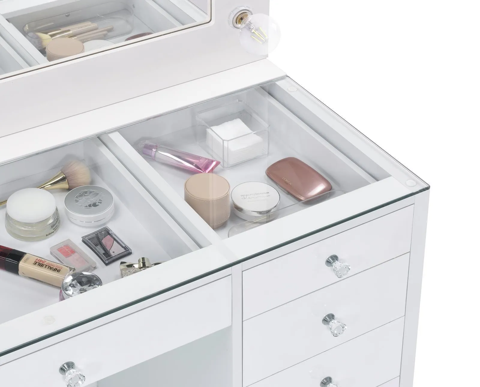 Percy White 7-Drawer Glass Top Vanity Desk with Lighting - Image 5