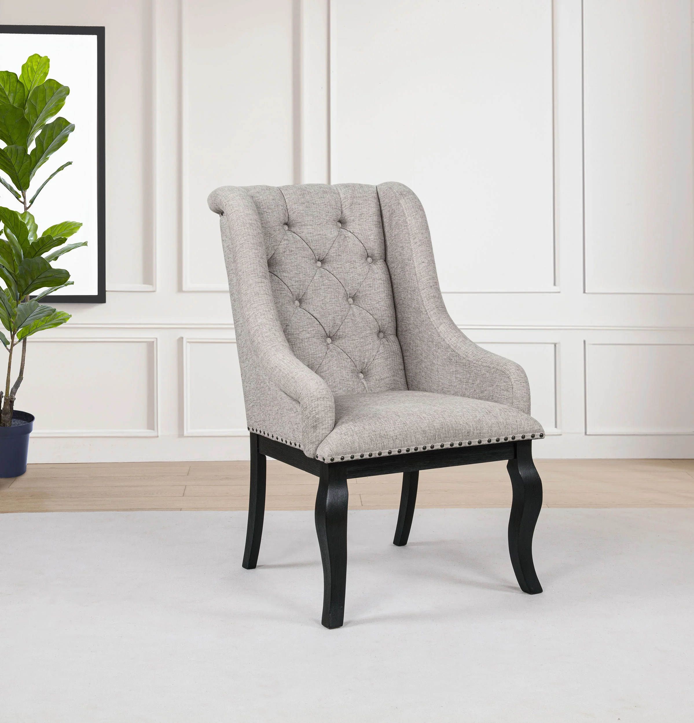Phelps Tan Distressed Noir Upholstered Dining Arm Chair (Set of 2) - Image 2