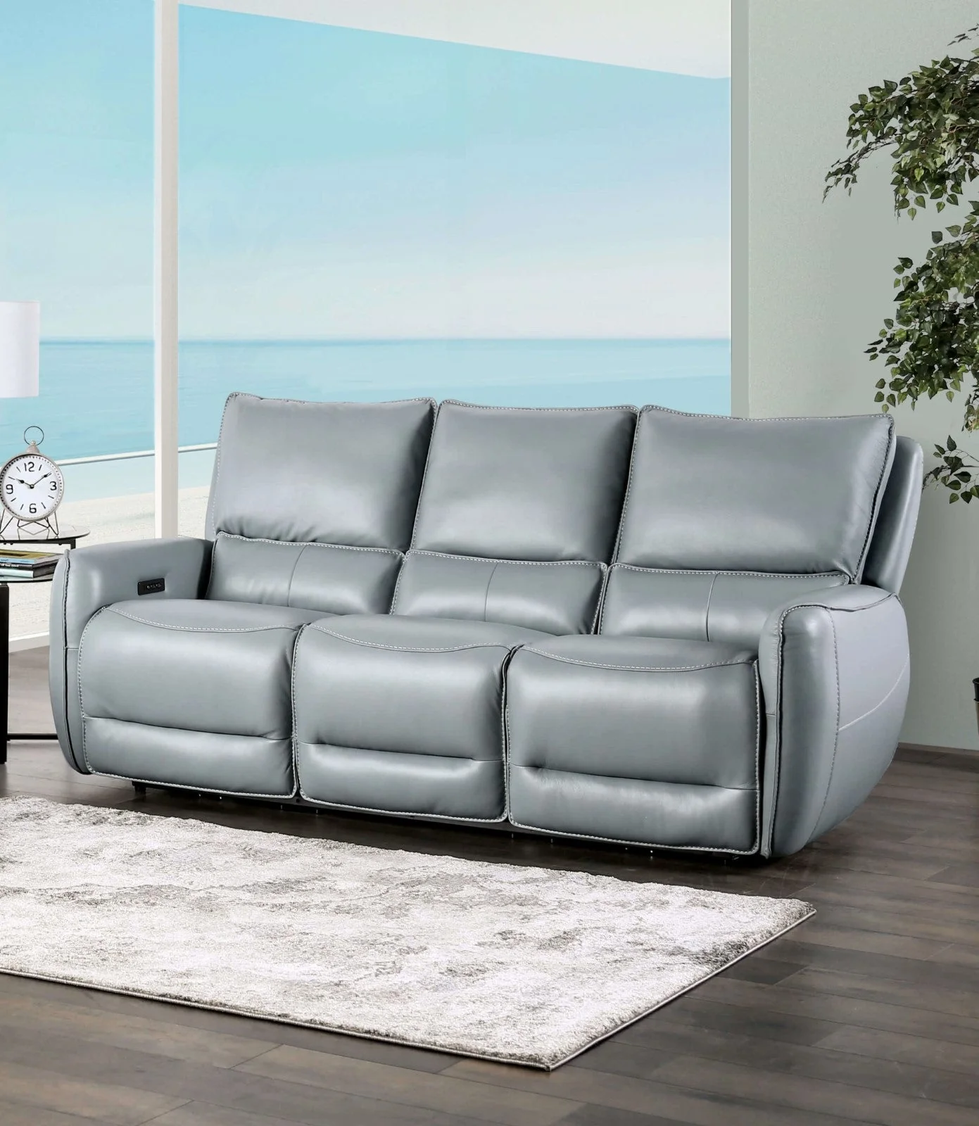 Phineas Pale Blue Top Grain Leather Match Power Reclining Sofa & Loveseat - Image 2