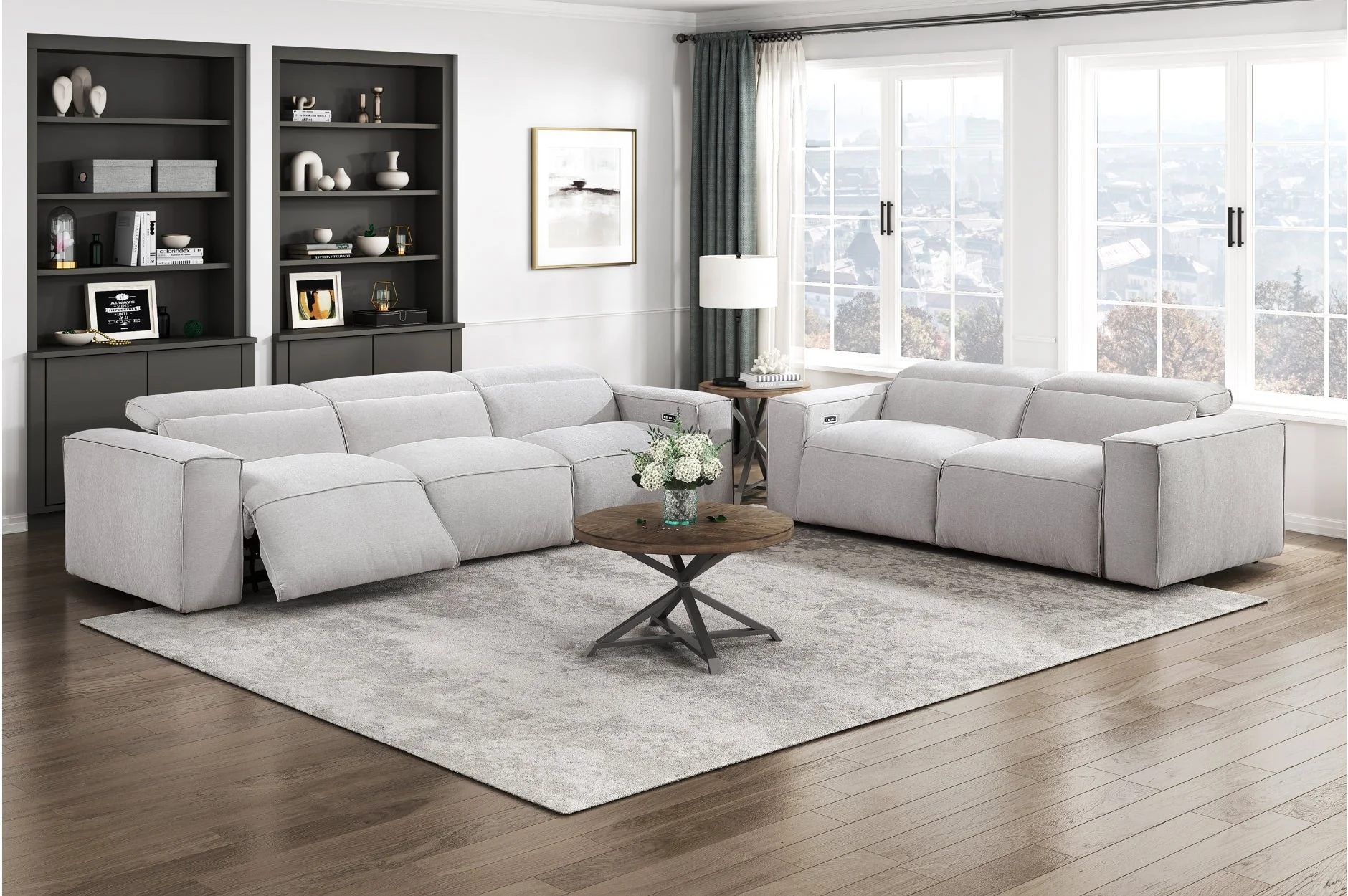 Phoebe Light Gray Power Double Reclining Sofa and Loveseat