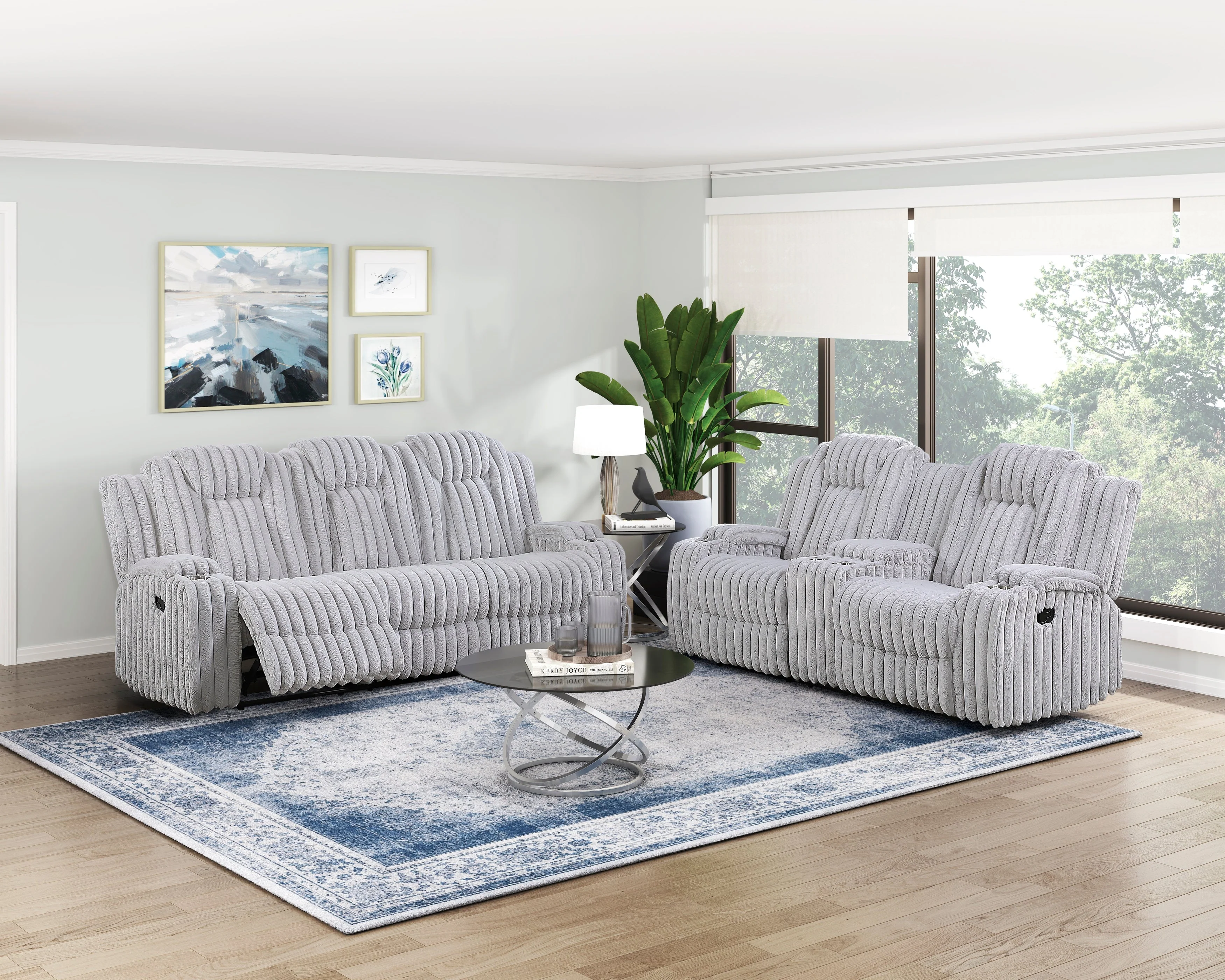 Phyllis Light Gray Double Reclining Sofa with Cup Holders - Image 7