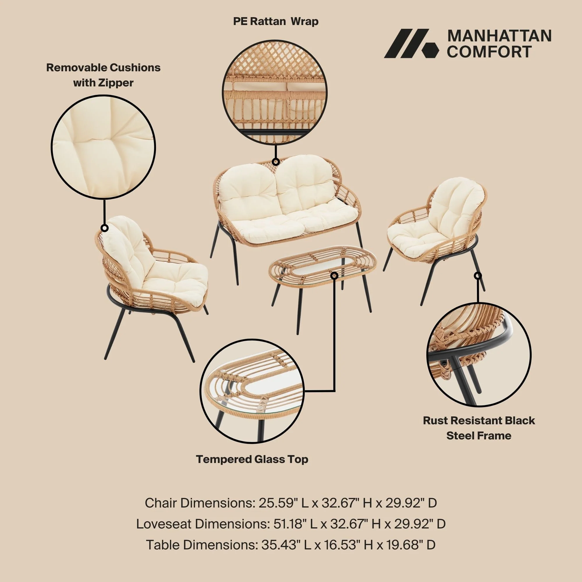 Pine 4-Piece Patio Conversation Set in Cream - Image 4