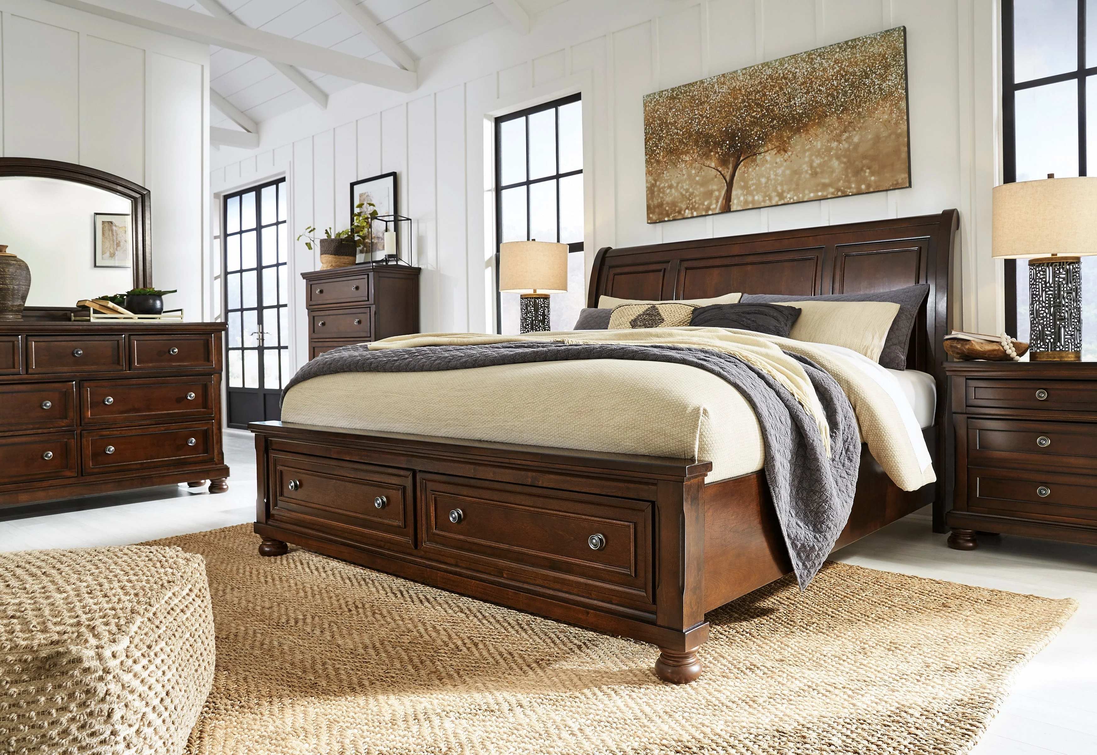 Porter Rustic Brown Sleigh Storage Platform Bedroom Set with 2 Footboard Drawers