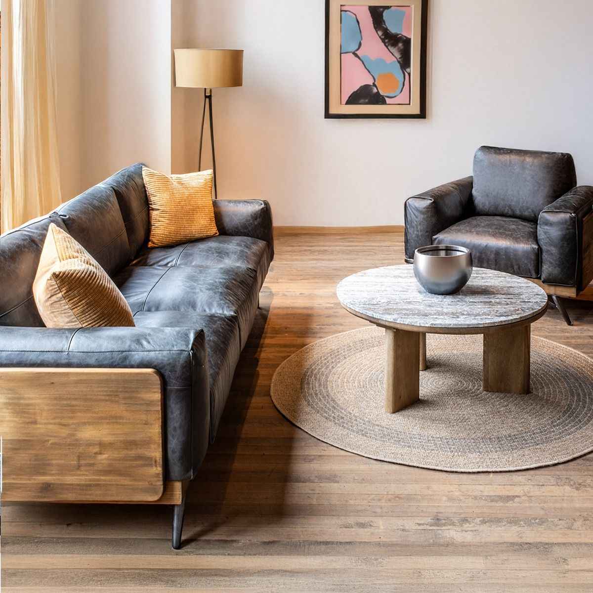 Portofino Mid Century 95" Sofa in Antique Ebony Leather - Image 3