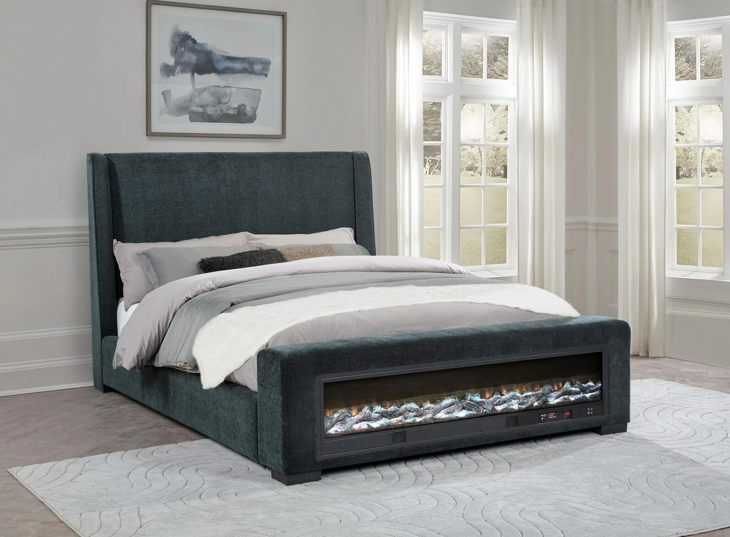 Preston Blue Upholstered Eastern King Audio Fireplace Bed