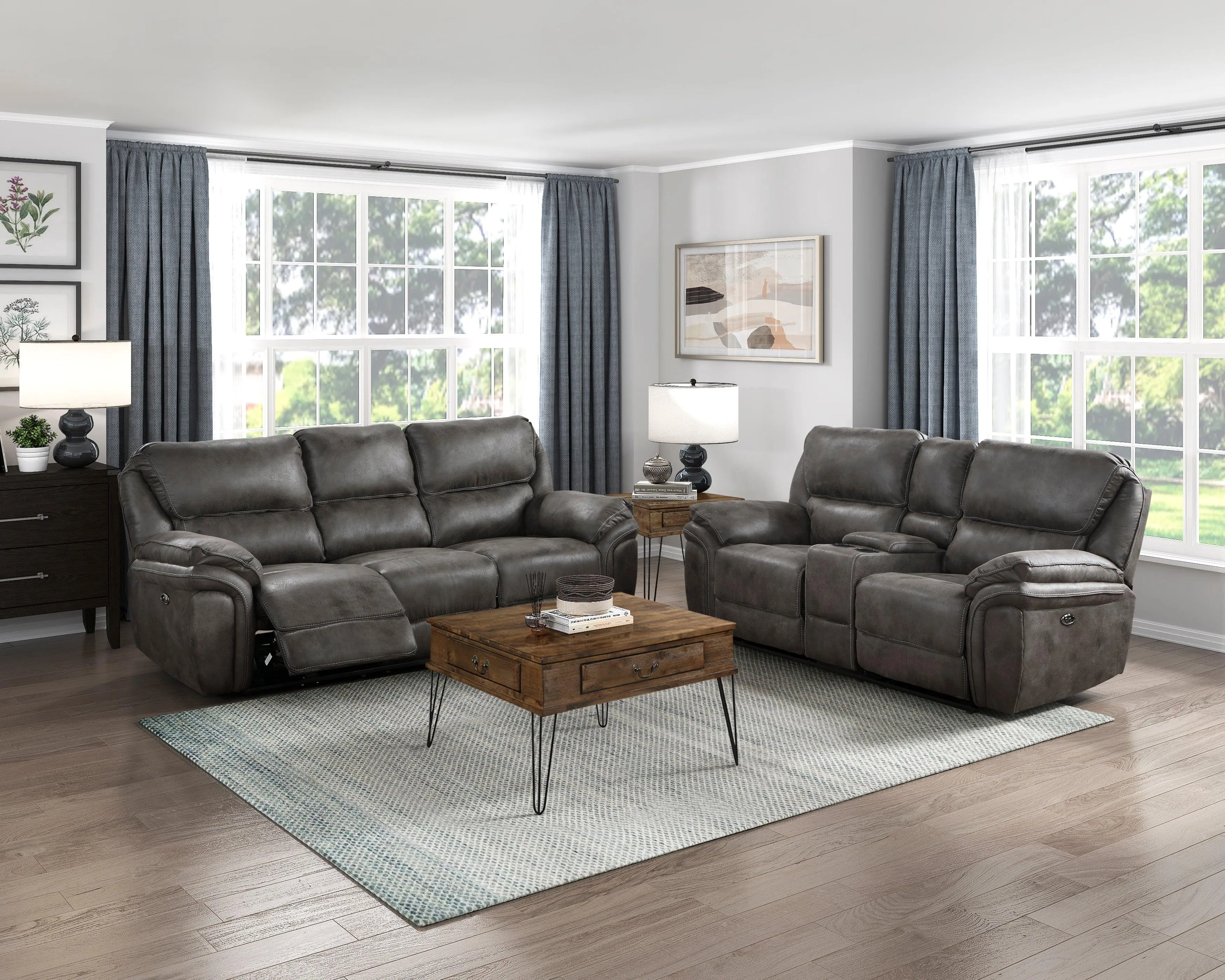 Proctor Gray Microfiber Power Double Reclining Loveseat with Center Console - Image 2
