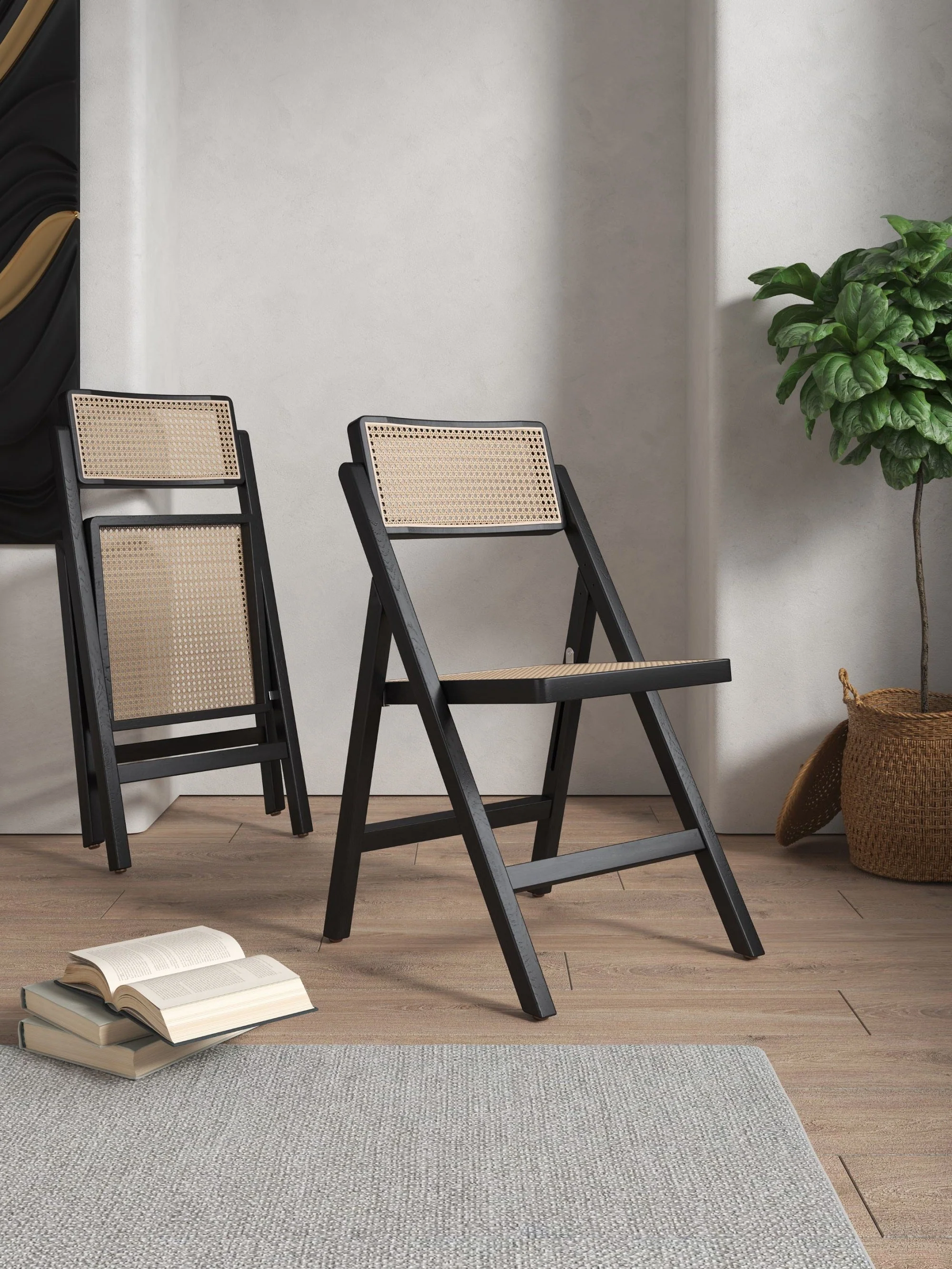 Pullman Folding Dining Chair in Black and Natural Cane (set of 2) - Image 2