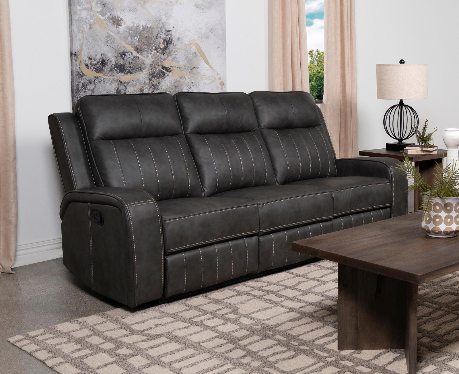 Raelynn Grey Upholstered Motion Reclining Sofa - Image 2