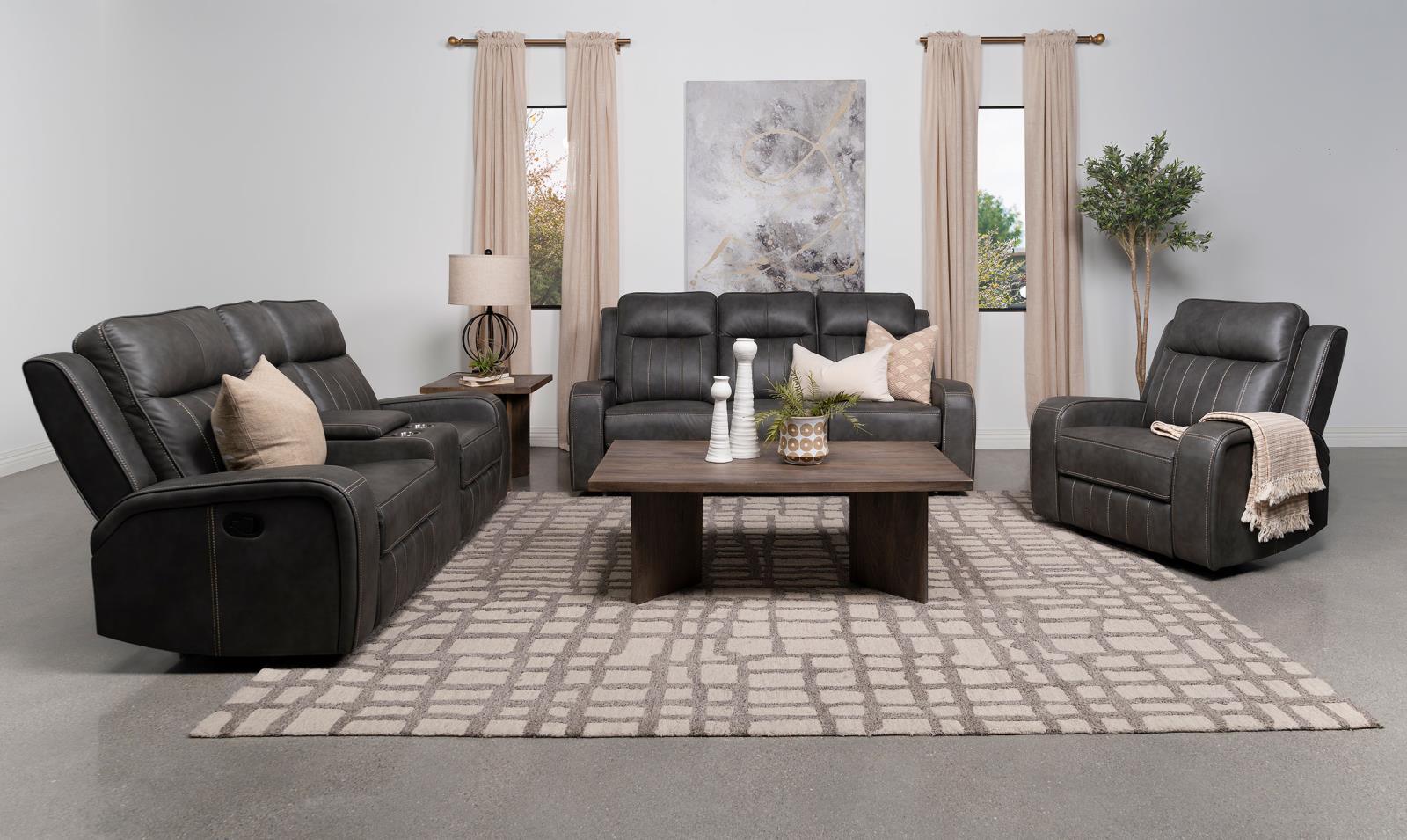Raelynn Grey Upholstered Motion Reclining Sofa - Image 9