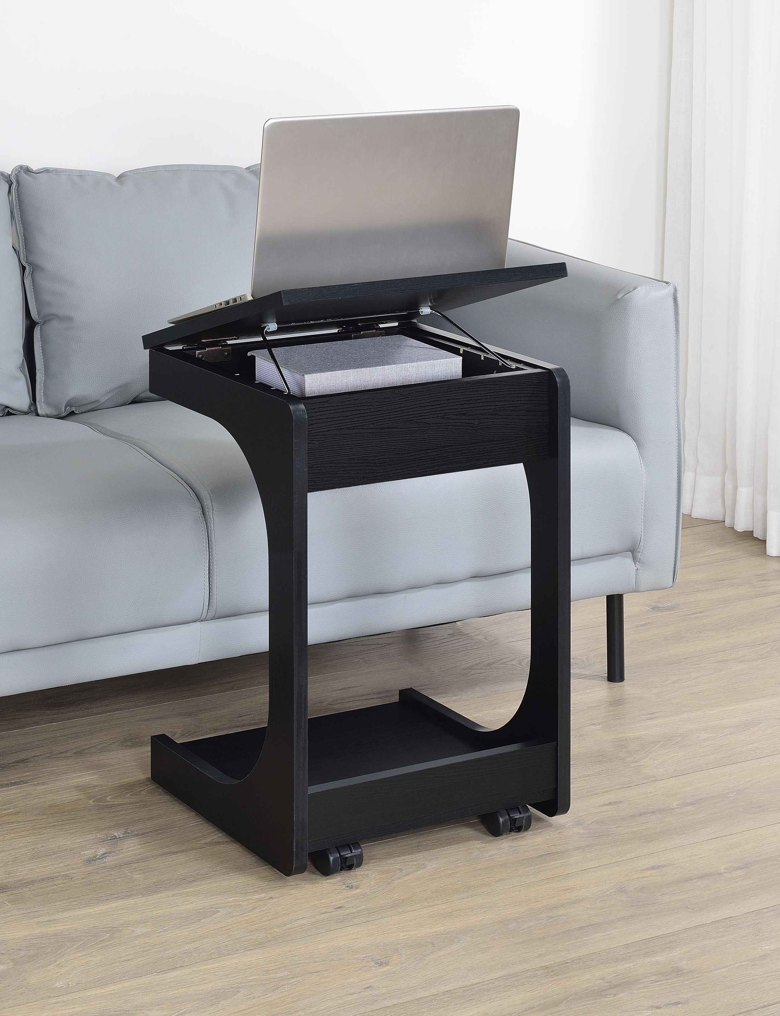 Ralston Black C-Shaped Lift-Top Sofa Side Table With Casters - Image 2