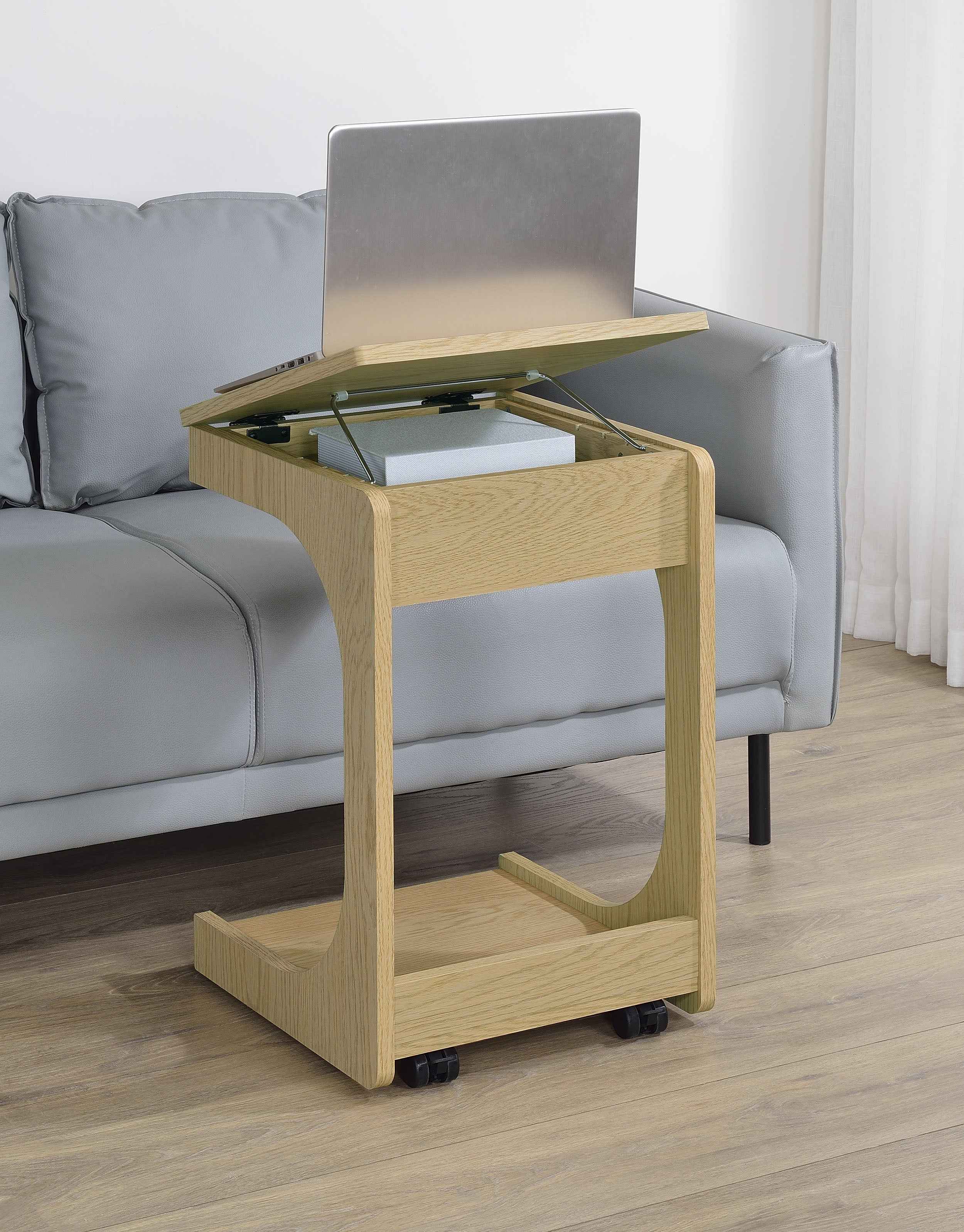 Ralston Light Oak C-Shaped Lift-Top Sofa Side Table With Casters - Image 2