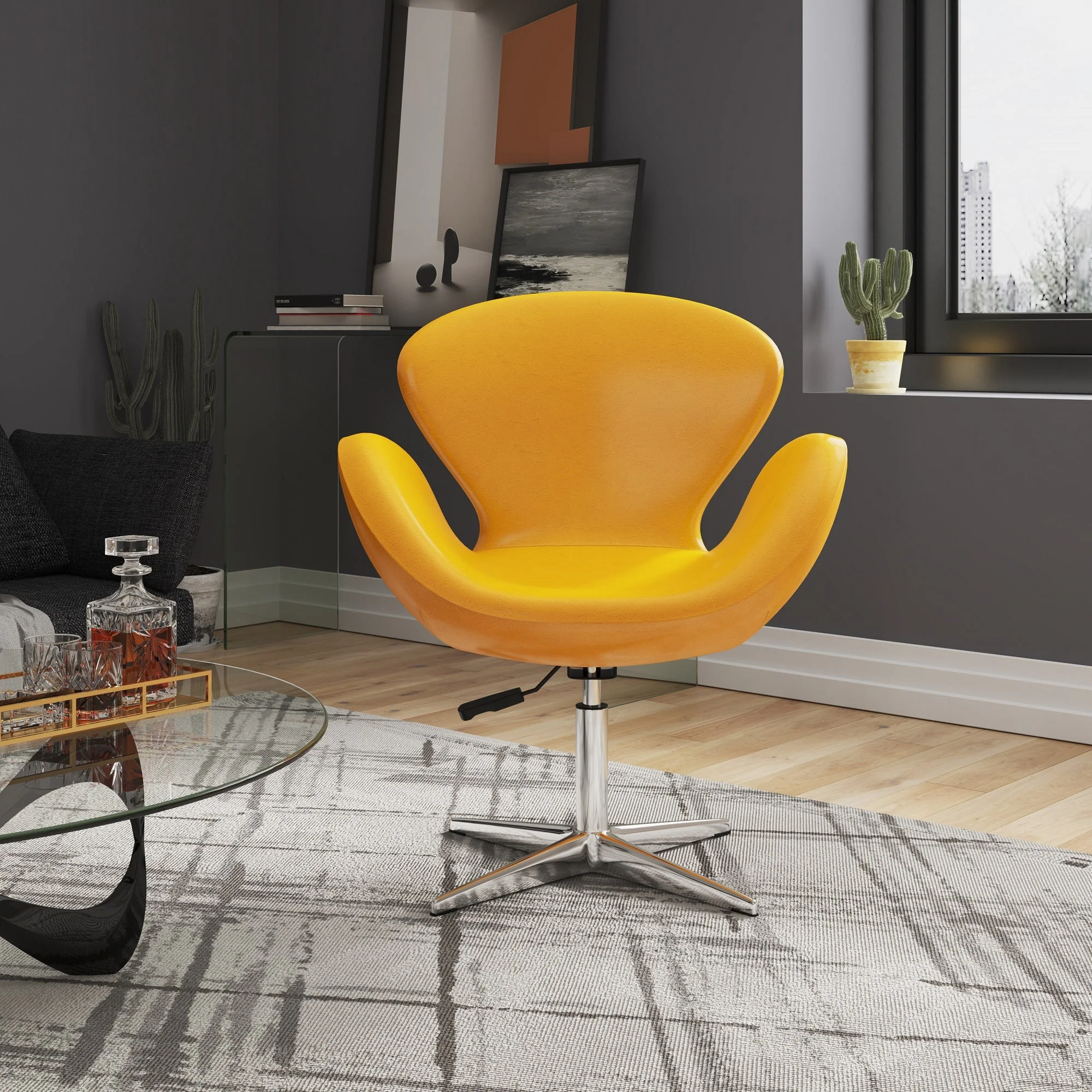 Raspberry Faux Leather Adjustable Swivel Chair in Yellow and Polished Chrome - Image 2