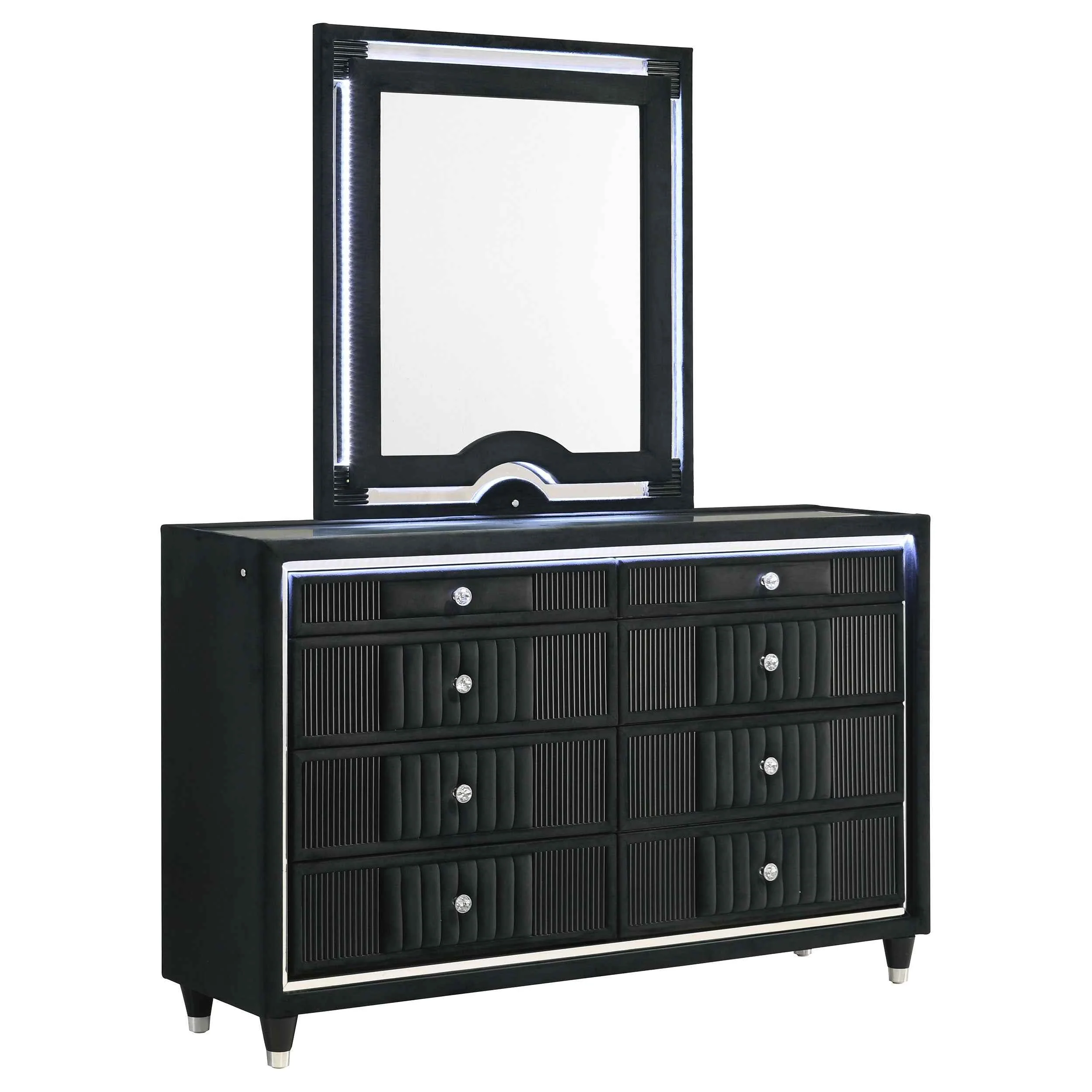 Ravenne Black 8-drawer Velvet Upholstered LED Dresser and Mirror - Image 2