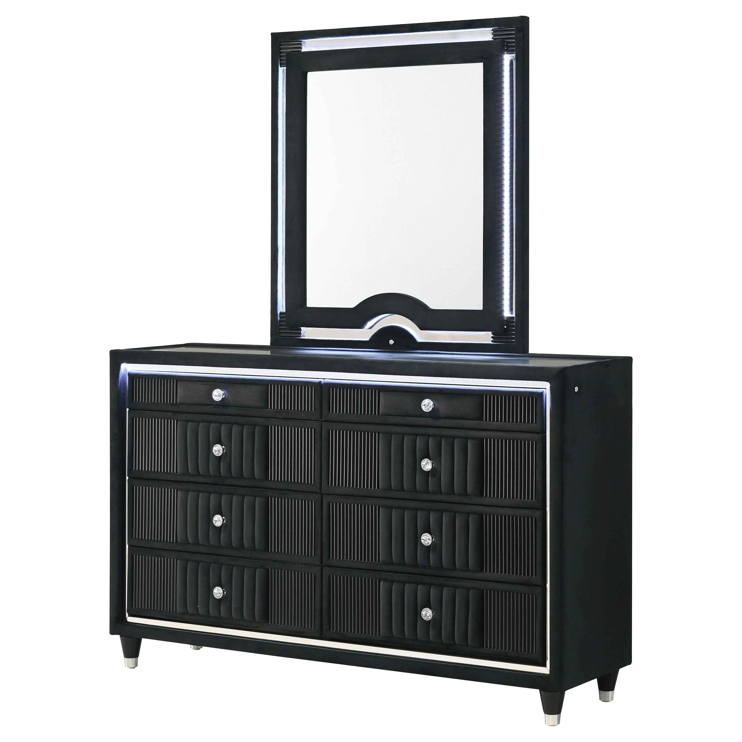 Ravenne Black 8-drawer Velvet Upholstered LED Dresser and Mirror - Image 4