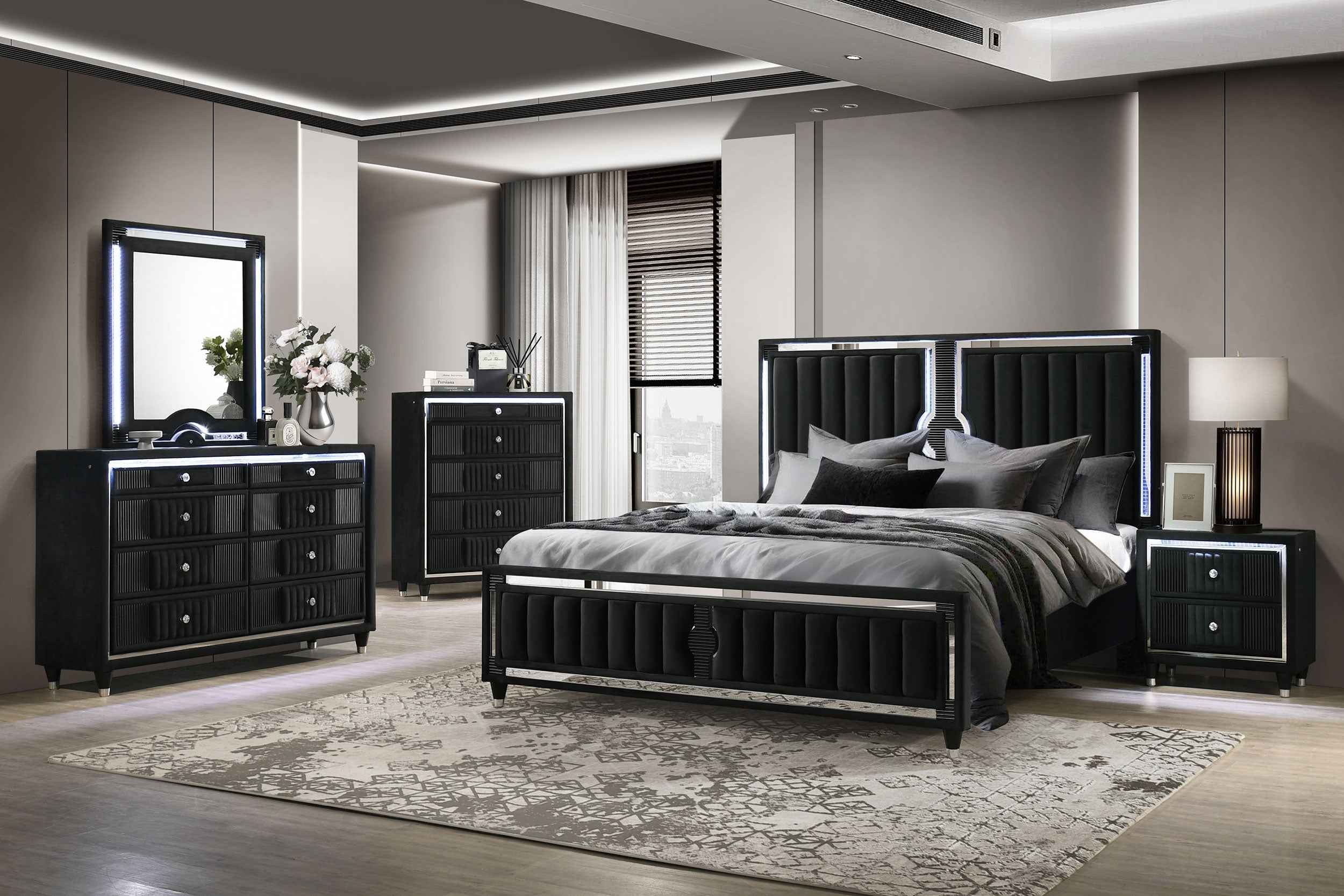 Ravenne Black Velvet Upholstered Eastern King LED Panel Bed - Image 10