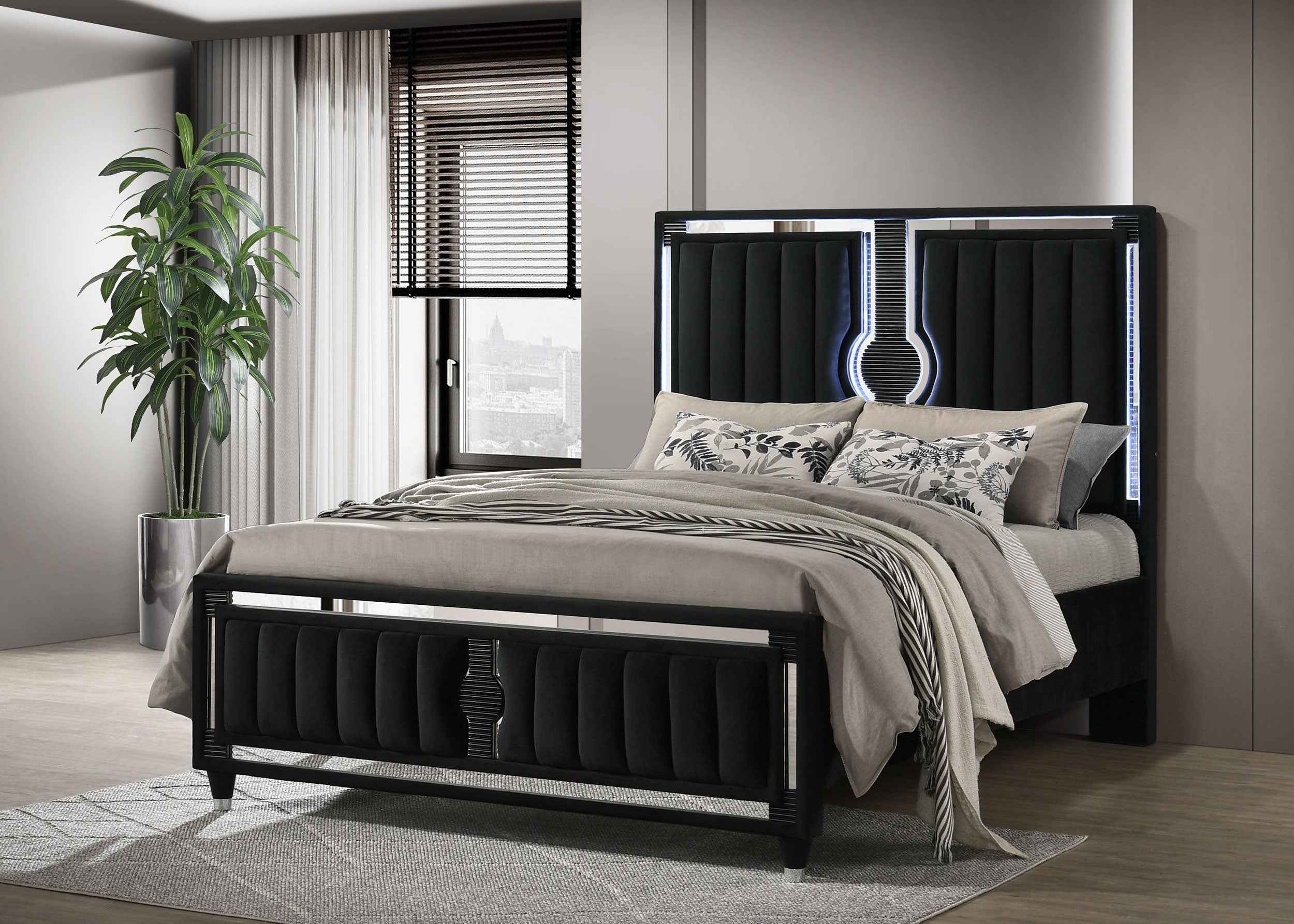 Ravenne Black Velvet Upholstered Queen LED Panel Bed