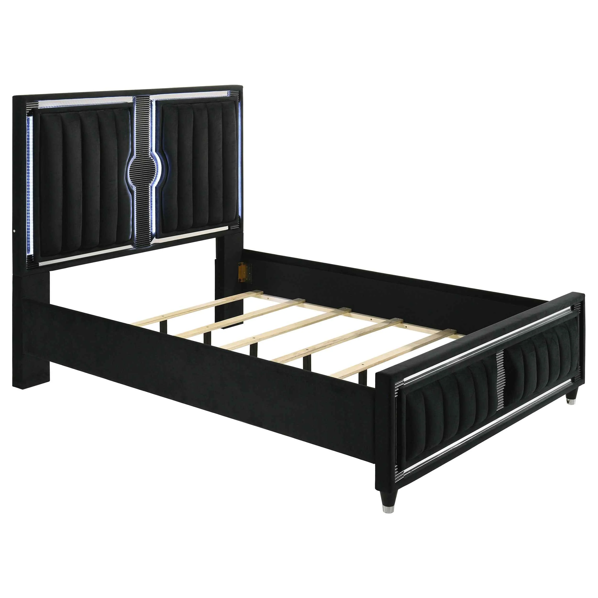 Ravenne Black Velvet Upholstered Queen LED Panel Bed - Image 2